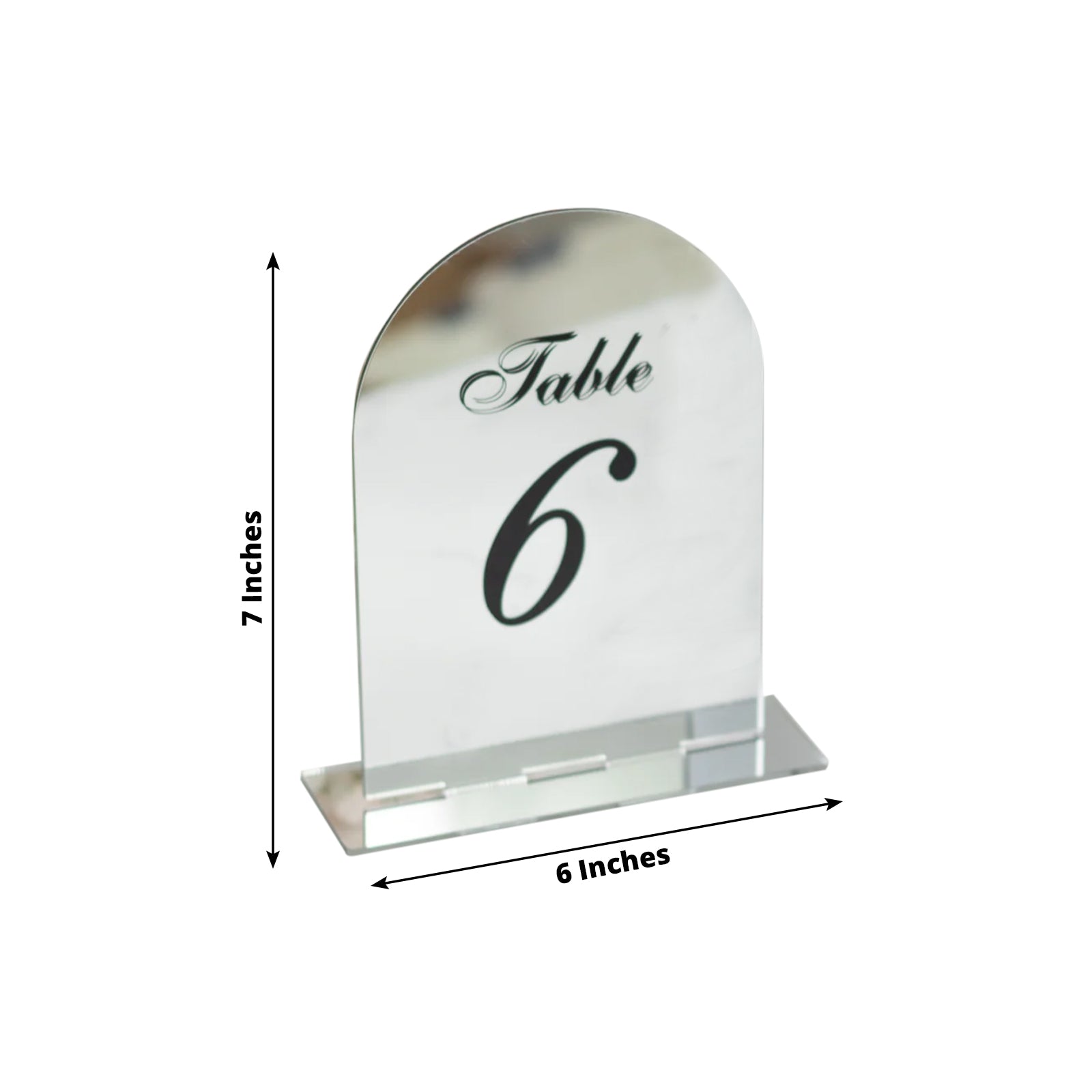 Silver mirror table number sign with black print, 6"x7".