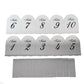 Silver mirror arch table numbers with black print, 6"x7", set of 10.