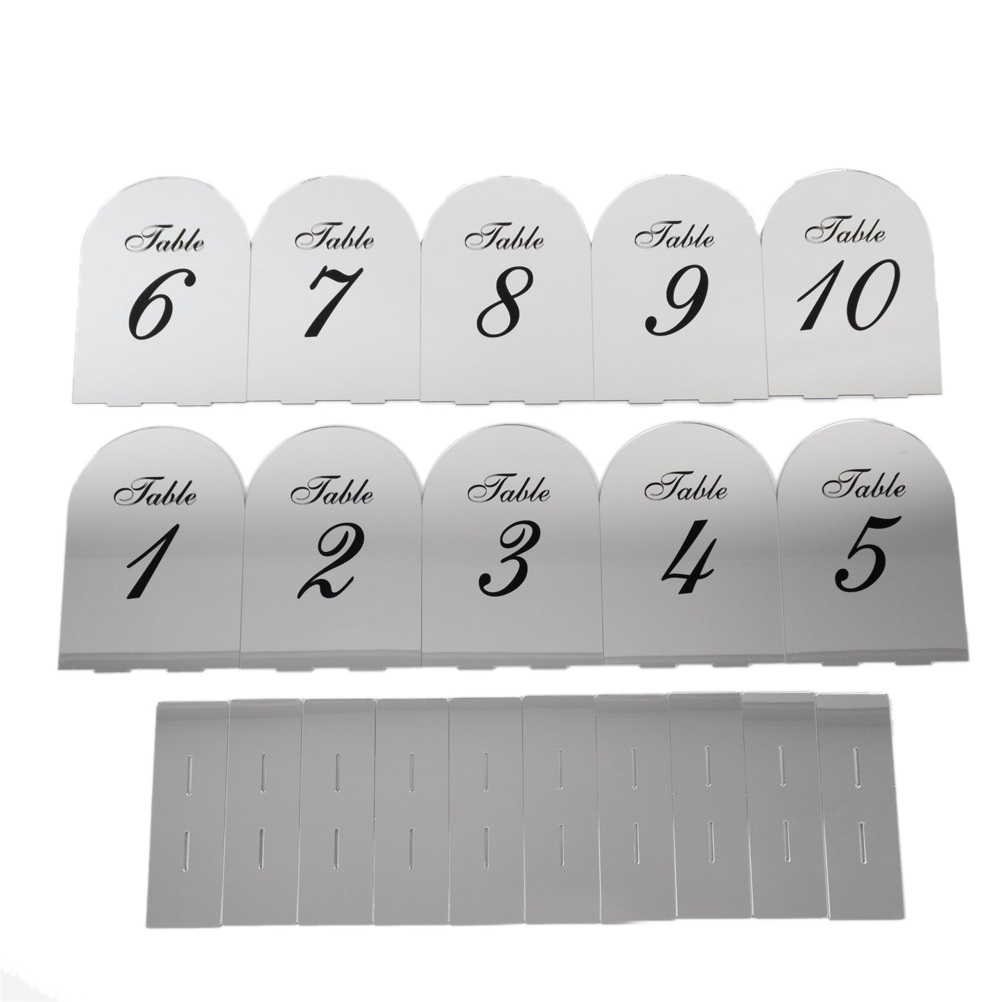 Silver mirror arch table numbers with black print, 6"x7", set of 10.