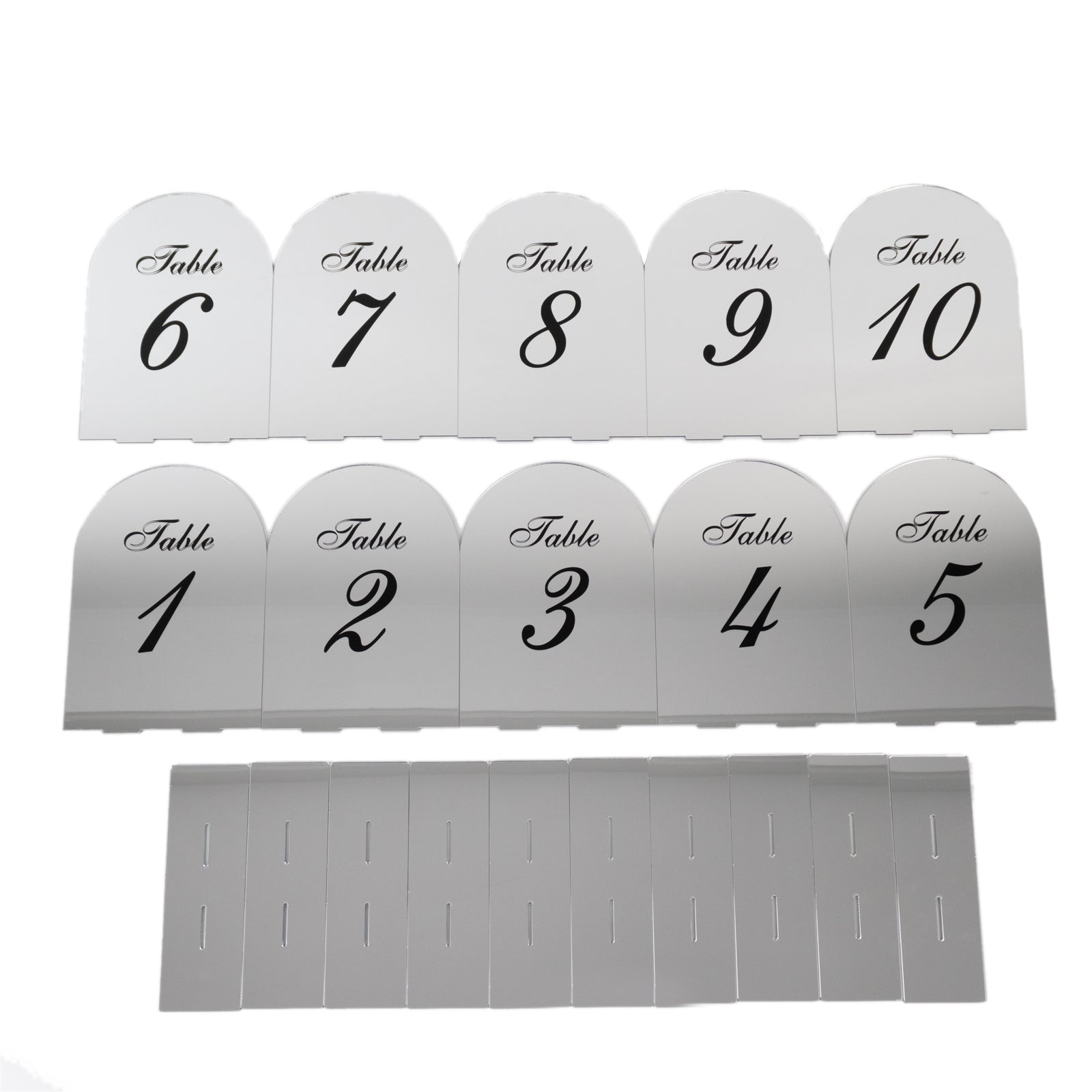 Silver mirror arch table numbers with black print, 6"x7", set of 10.