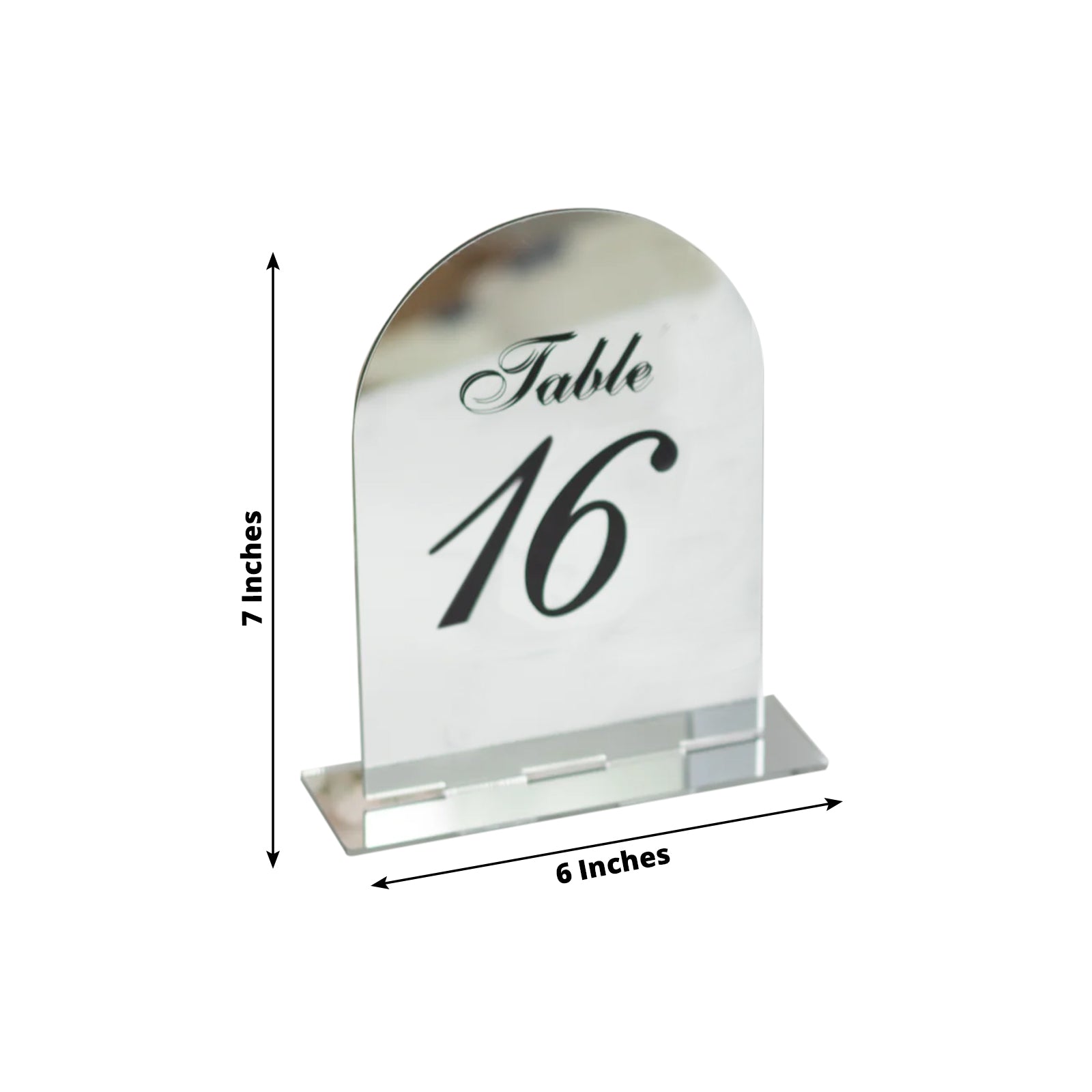 Silver mirror table number 16 with black print, 6"x7" wedding sign.