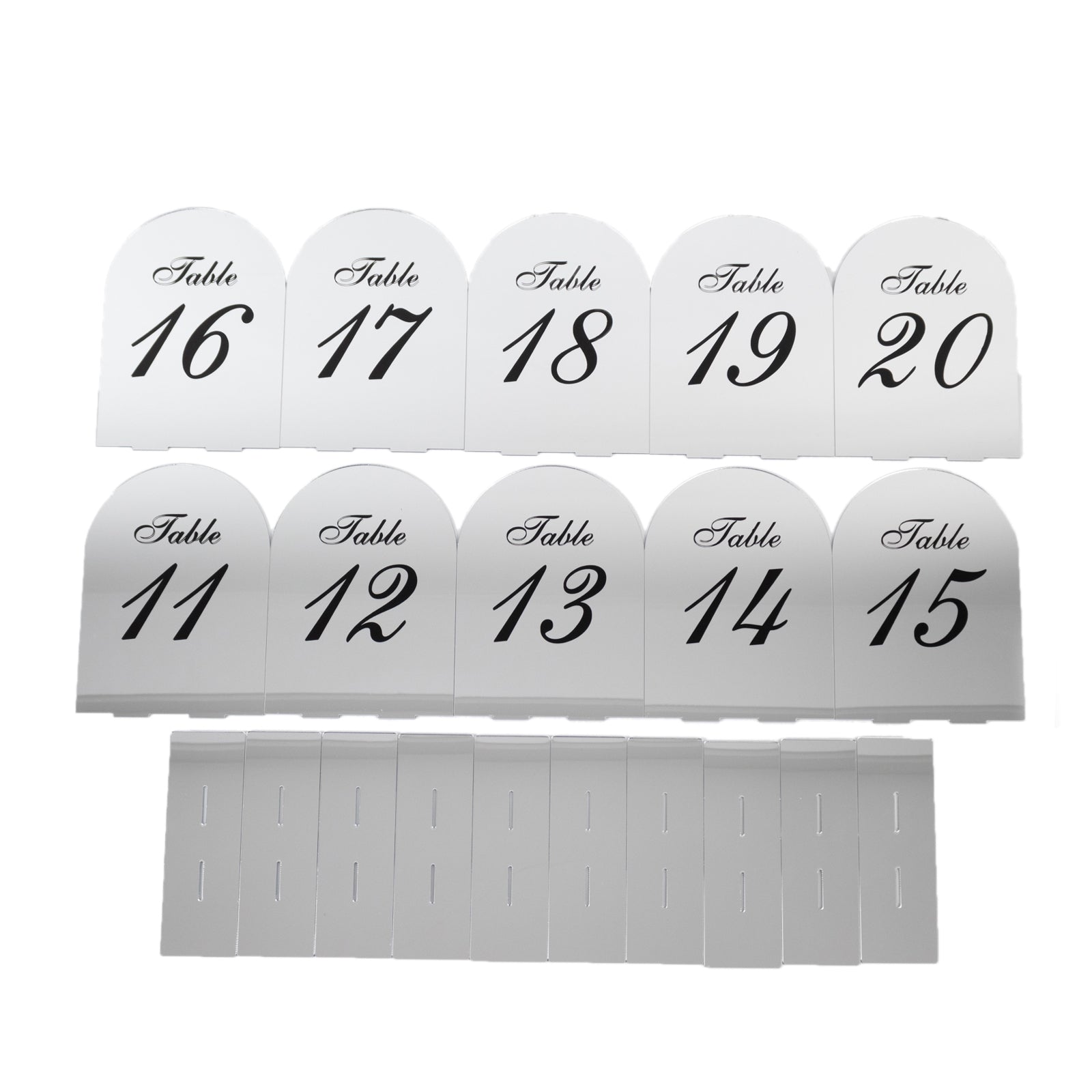 Silver mirror arch table numbers with black print for weddings, 6"x7".