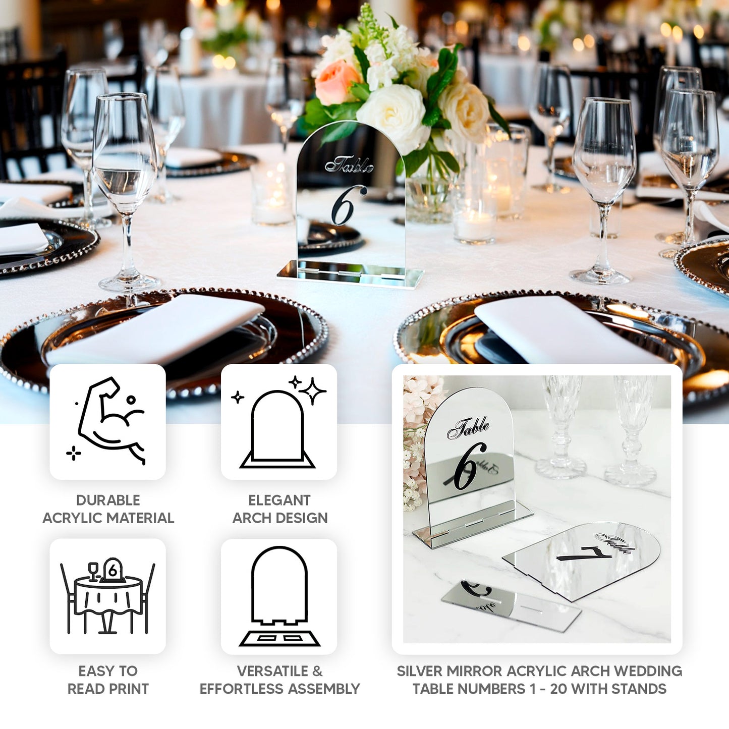 Silver mirror arch table number sign with black print, elegant design for weddings.