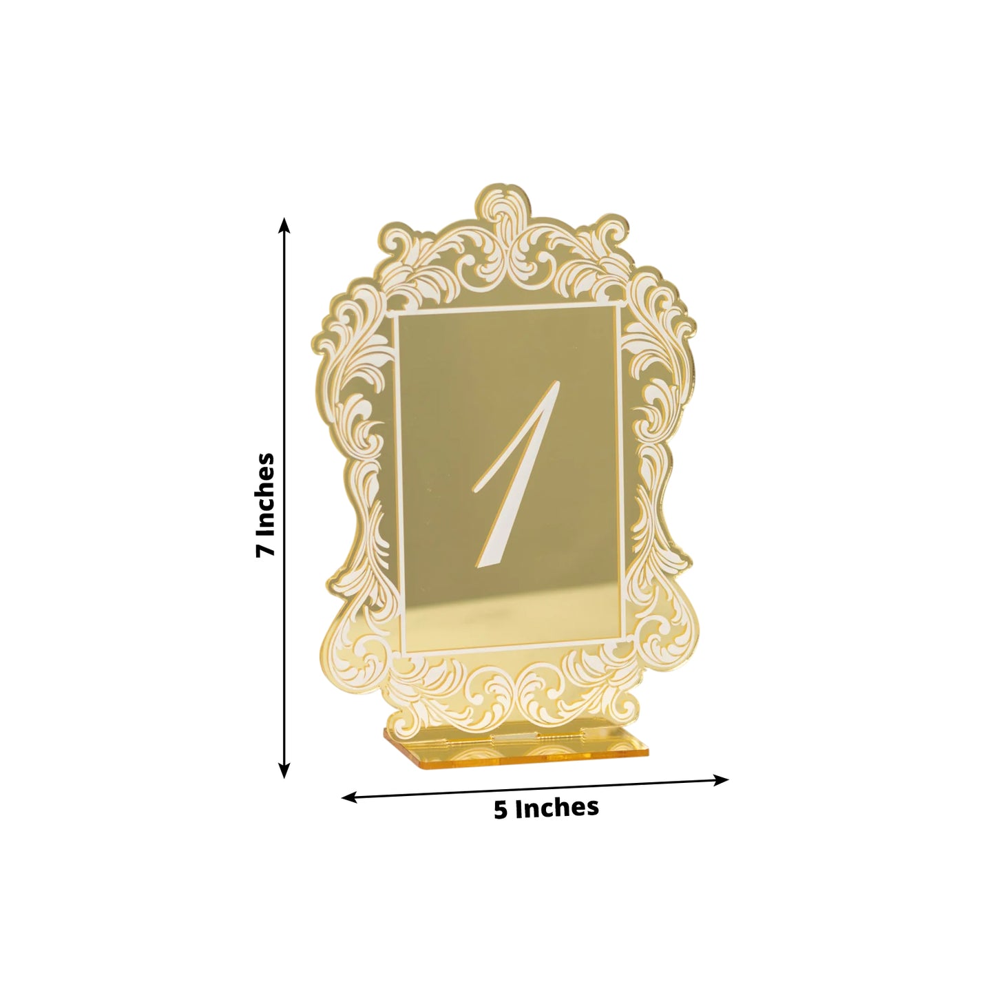 Gold mirror arch table number sign with white print, 5"x7", Baroque lace border.