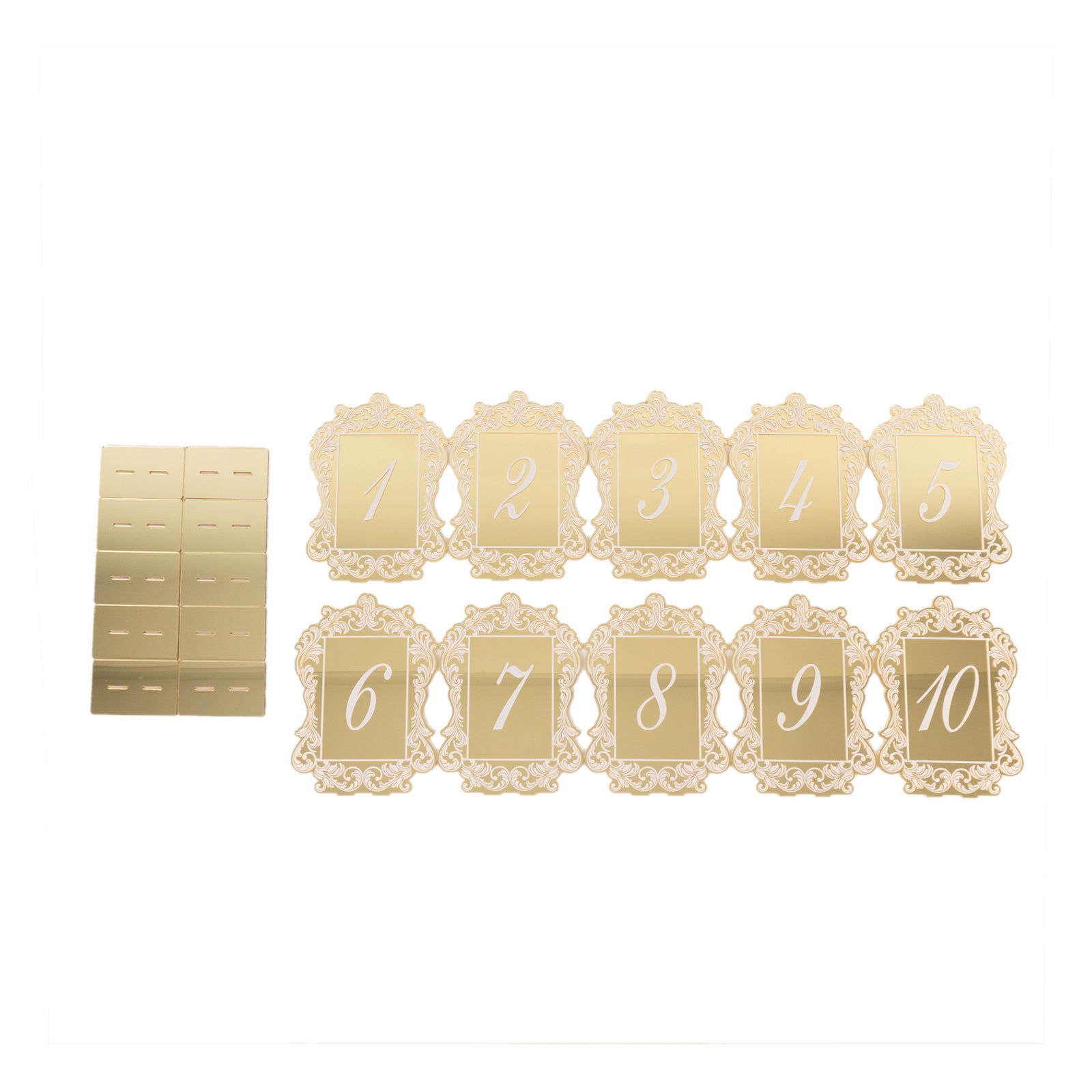 Gold mirror arch acrylic table numbers with baroque lace border, 1-10.