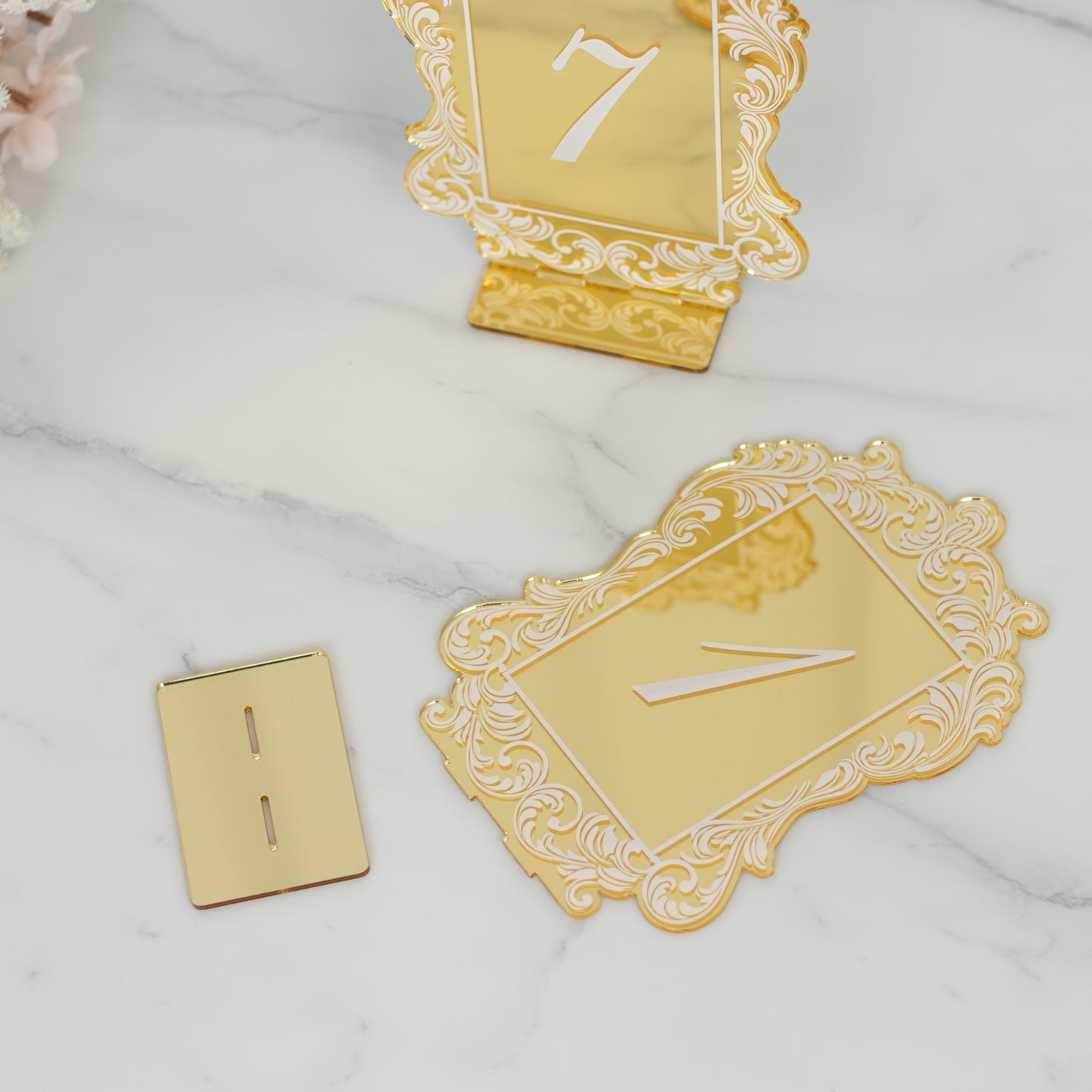 Gold mirror arch acrylic table number sign with baroque lace border, number 7.
