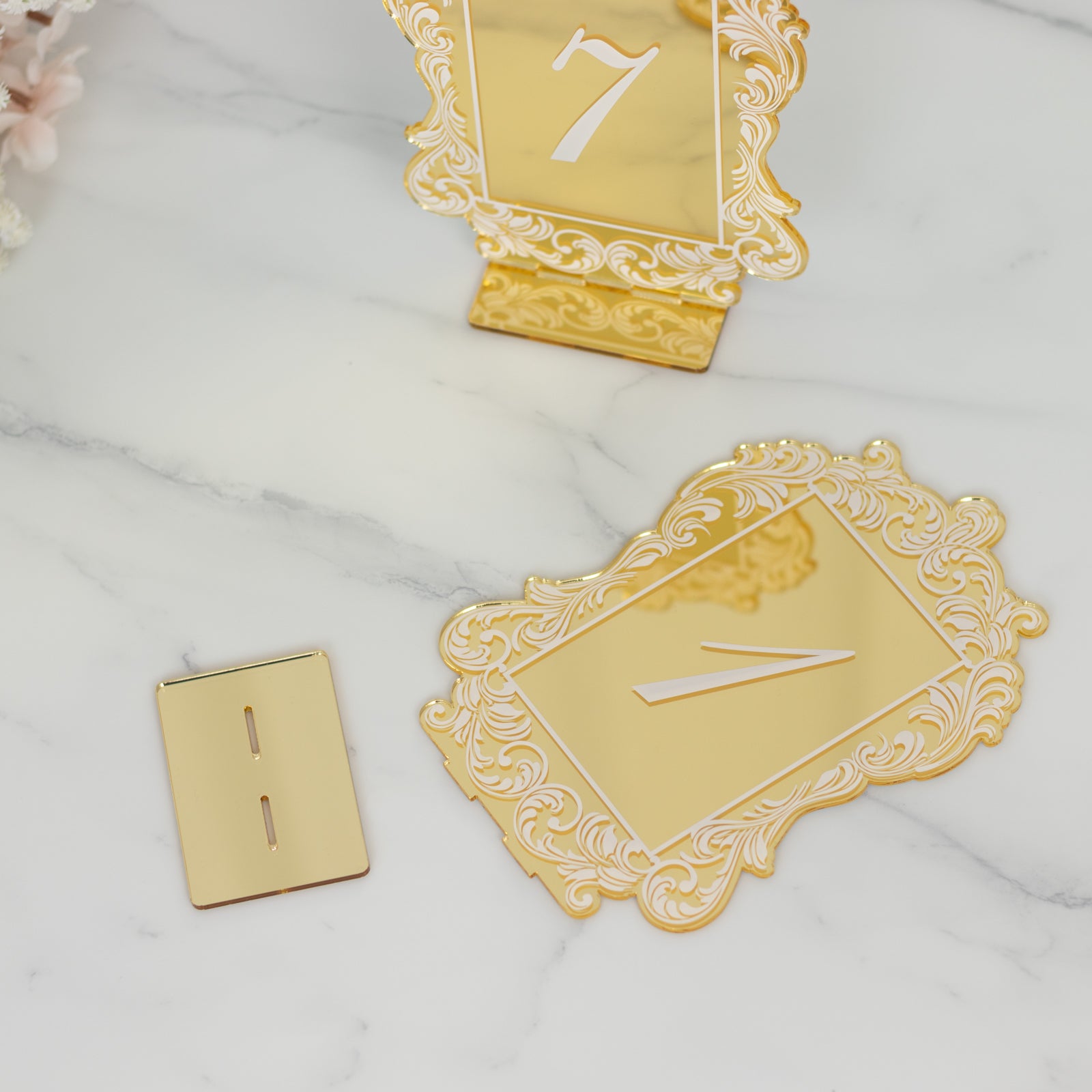 Gold mirror arch acrylic table number sign with baroque lace border, number 7.