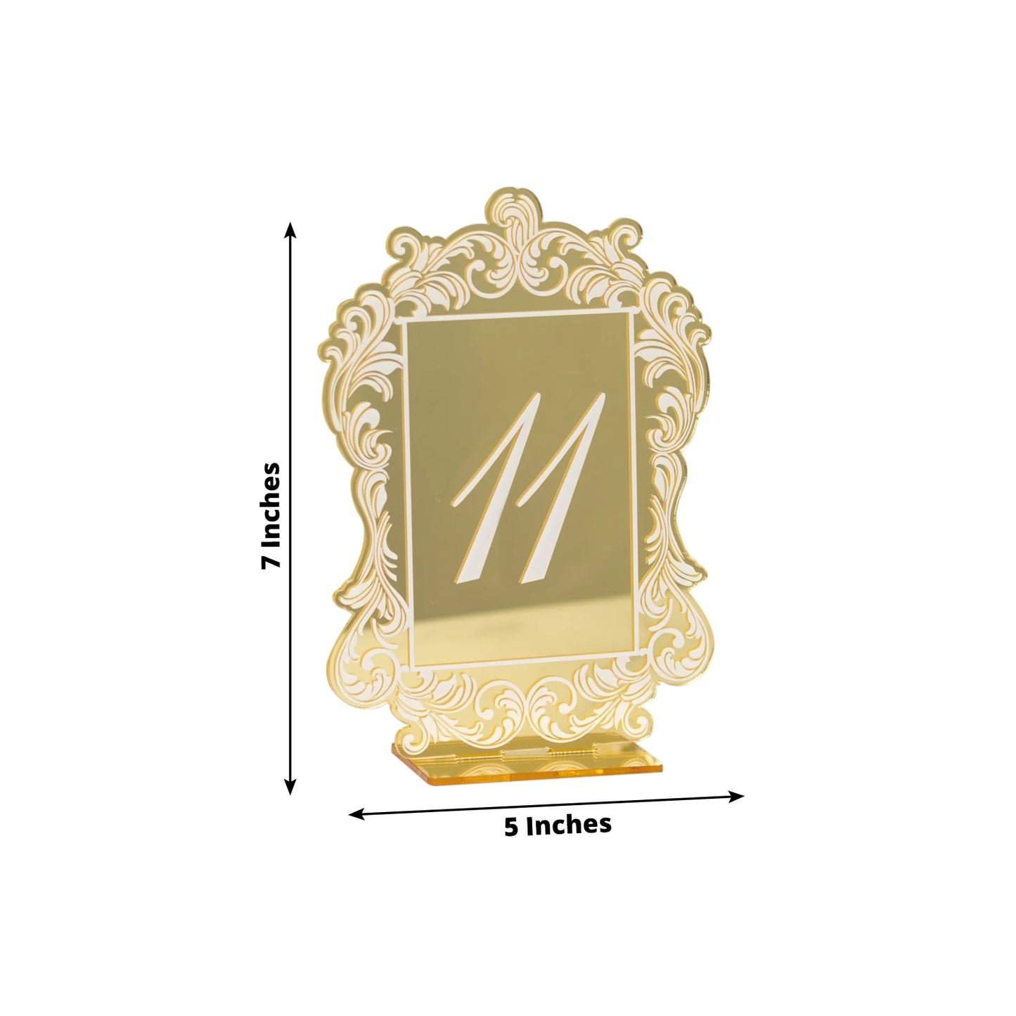 Gold mirror arch table number sign with baroque lace border.
