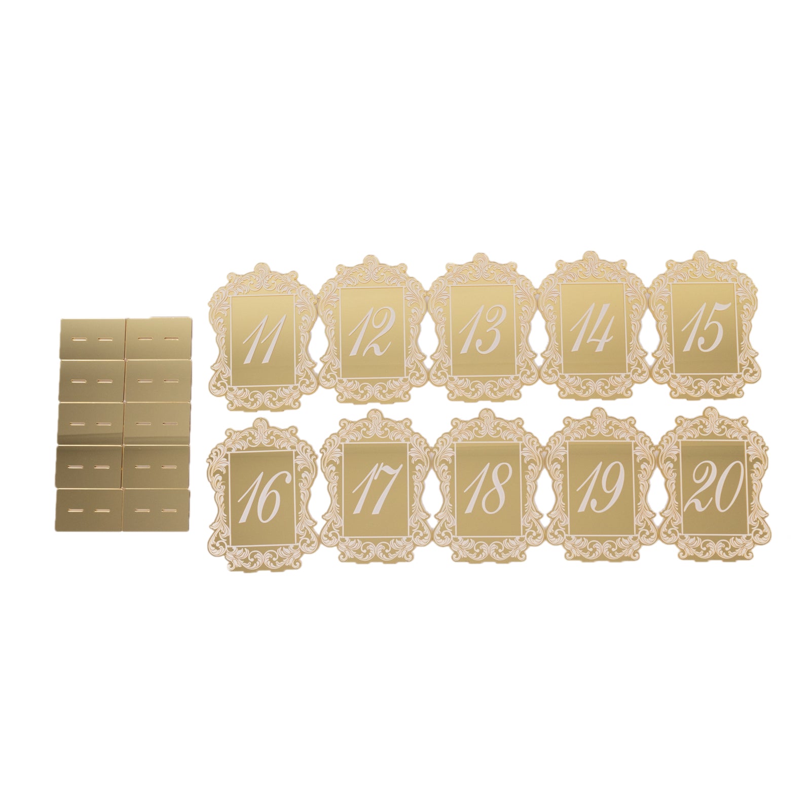 Gold mirror arch table numbers 11-20 with baroque lace border and stands.