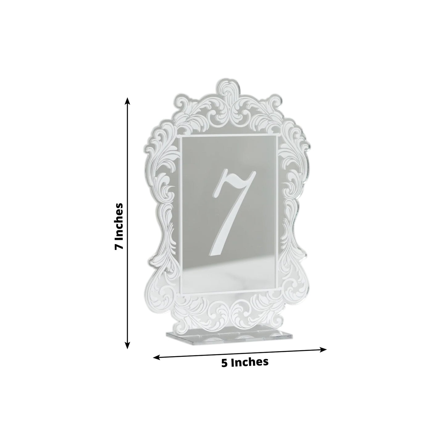 Silver mirror table number 7 with baroque lace border, 5"x7" size.