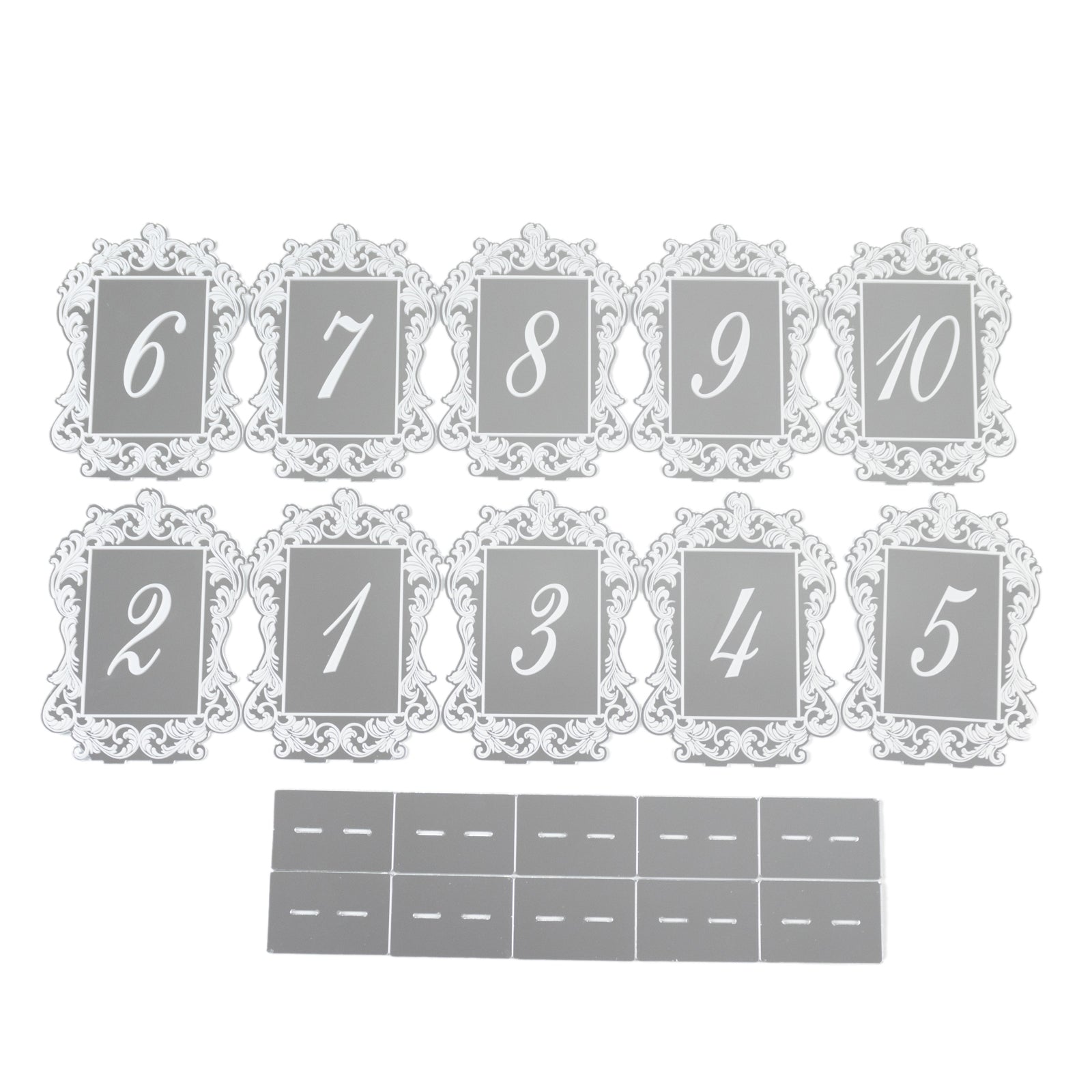 Silver mirror arch table numbers with baroque lace border, white print.