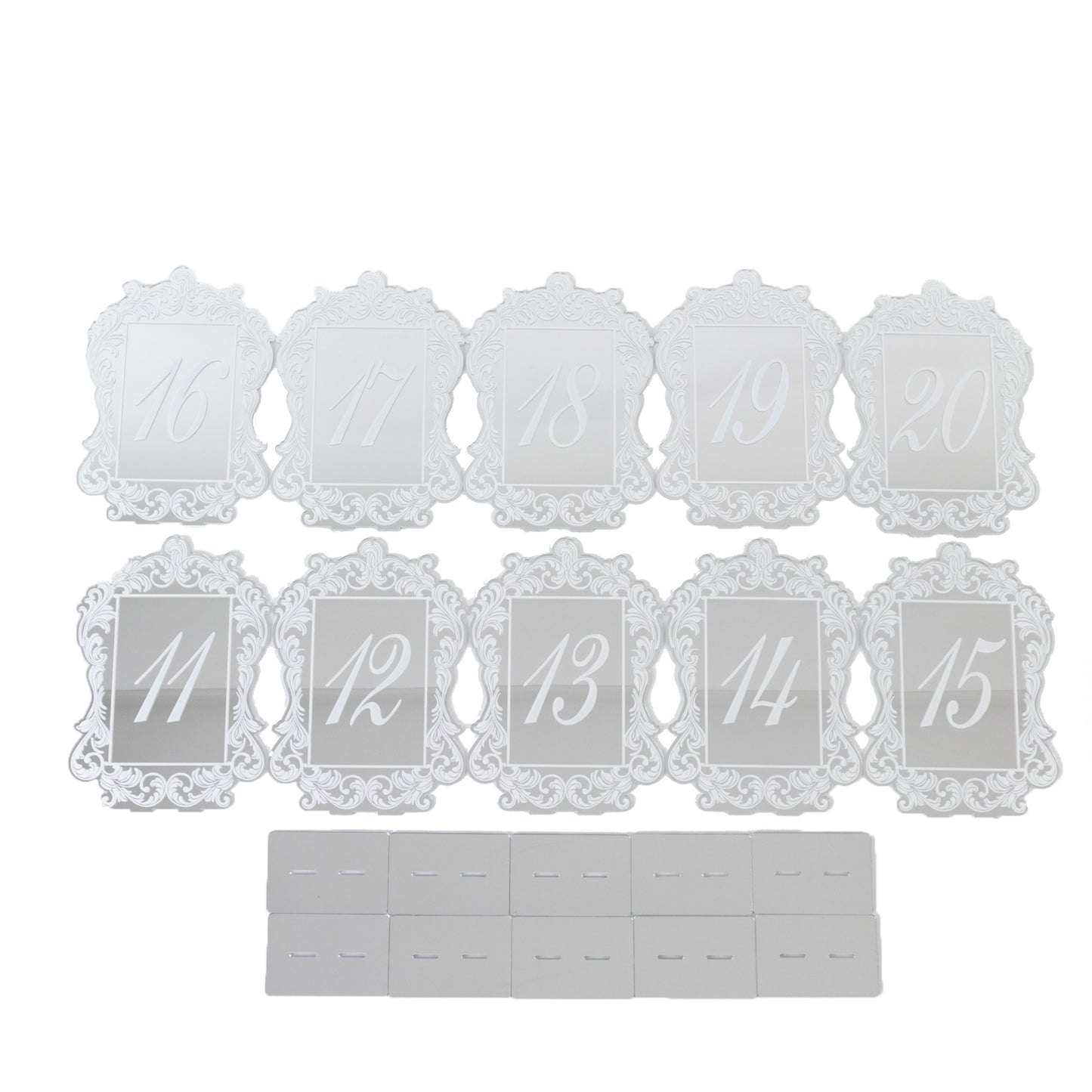Silver Mirror Arch Acrylic Table Numbers (11-20) - 5"x7" Wedding Reception Signs with Baroque Lace Border, White Print & Stands