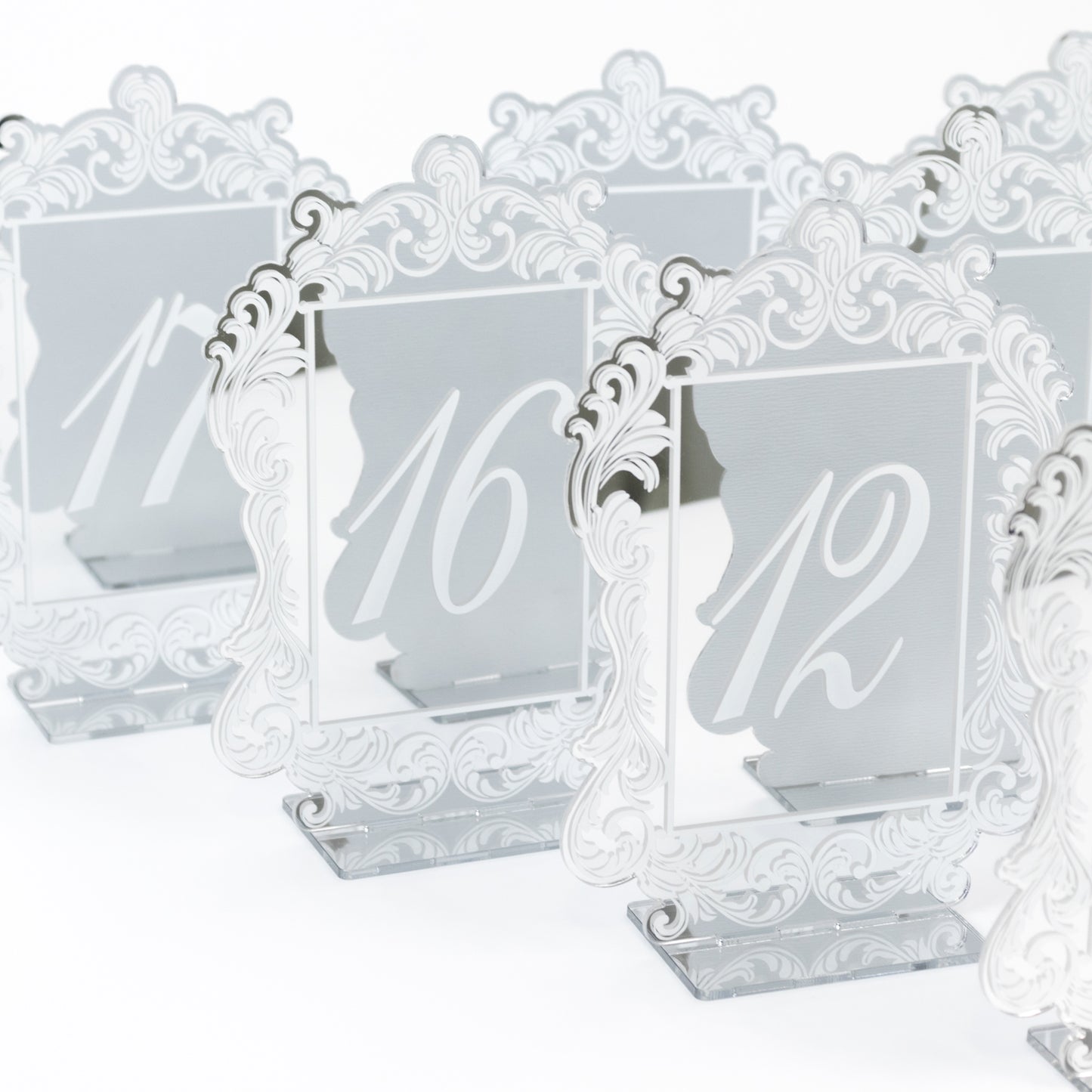 Silver Mirror Arch Acrylic Table Numbers (11-20) - 5"x7" Wedding Reception Signs with Baroque Lace Border, White Print & Stands