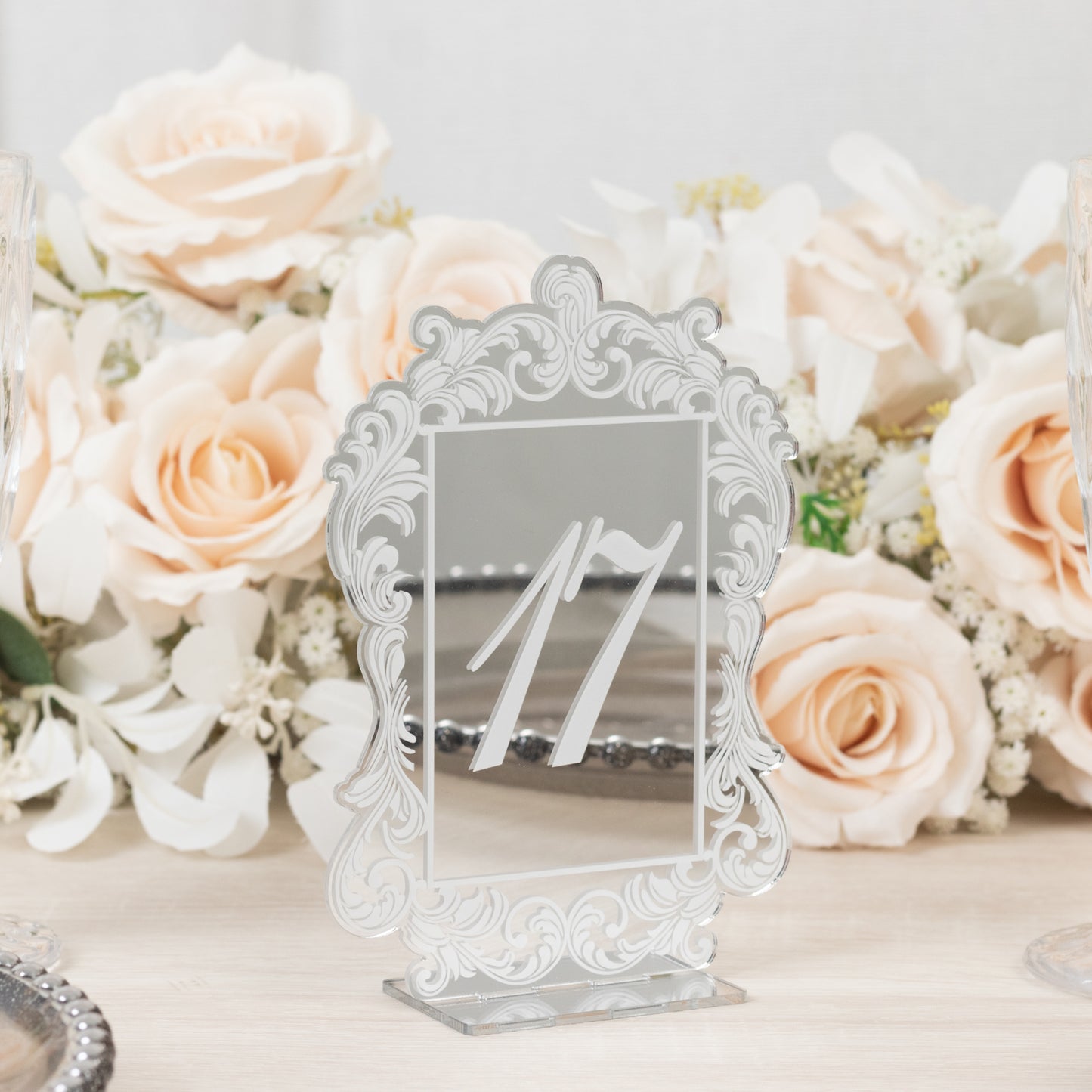 Silver Mirror Arch Acrylic Table Numbers (11-20) - 5"x7" Wedding Reception Signs with Baroque Lace Border, White Print & Stands
