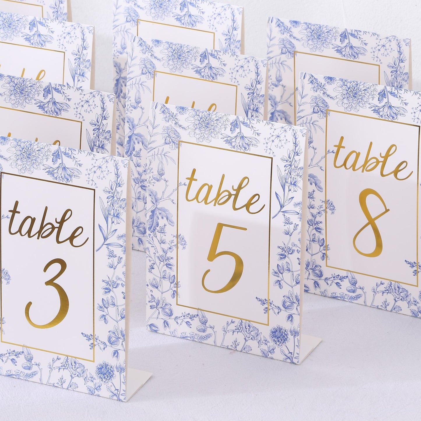 25 Pack White Blue Wedding Table Numbers in French Toile Floral and Gold Foil Numbers Print, 7" Free Standing Double Sided Paper Table Sign Cards 1-25