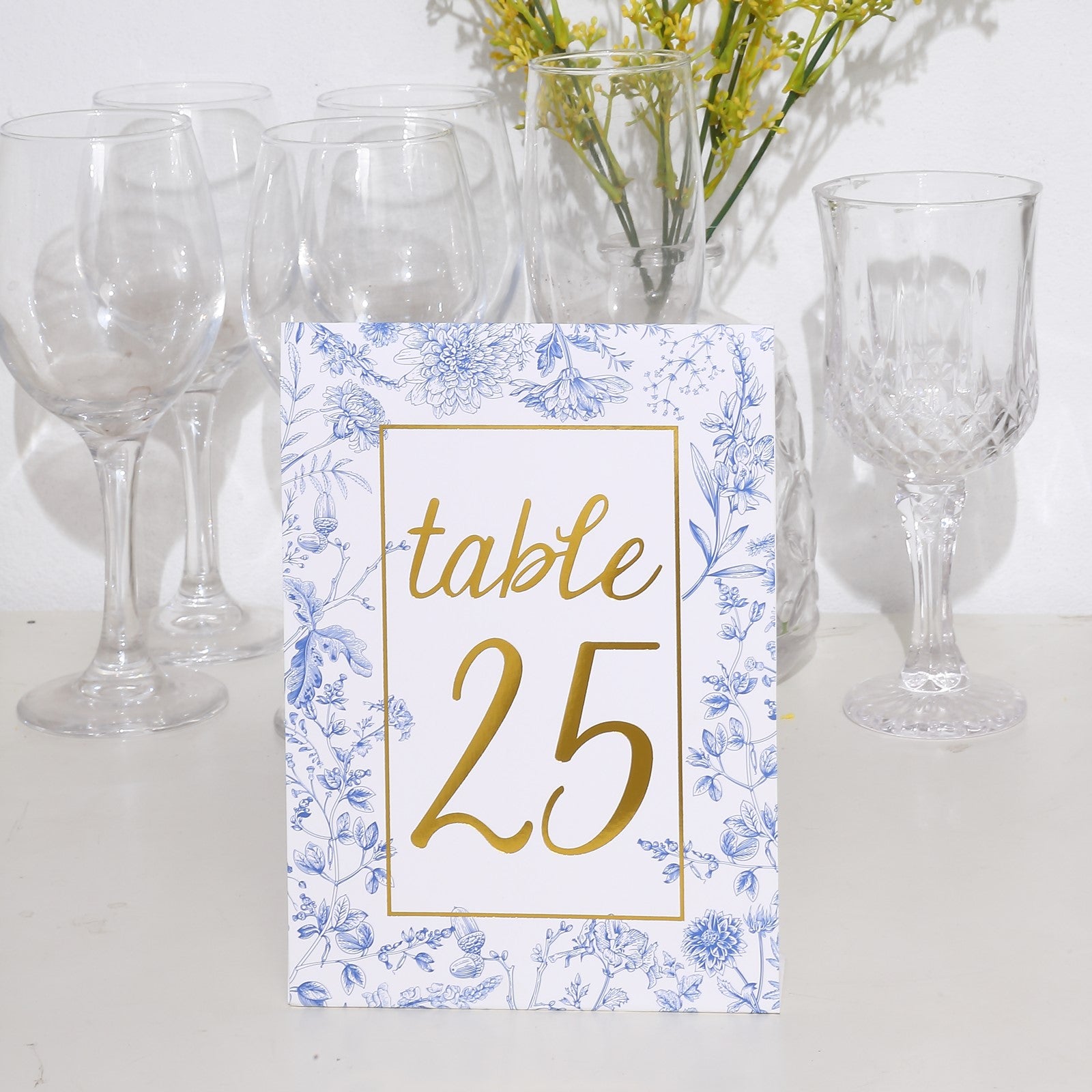 25 Pack White Blue Wedding Table Numbers in French Toile Floral and Gold Foil Numbers Print, 7" Free Standing Double Sided Paper Table Sign Cards 1-25