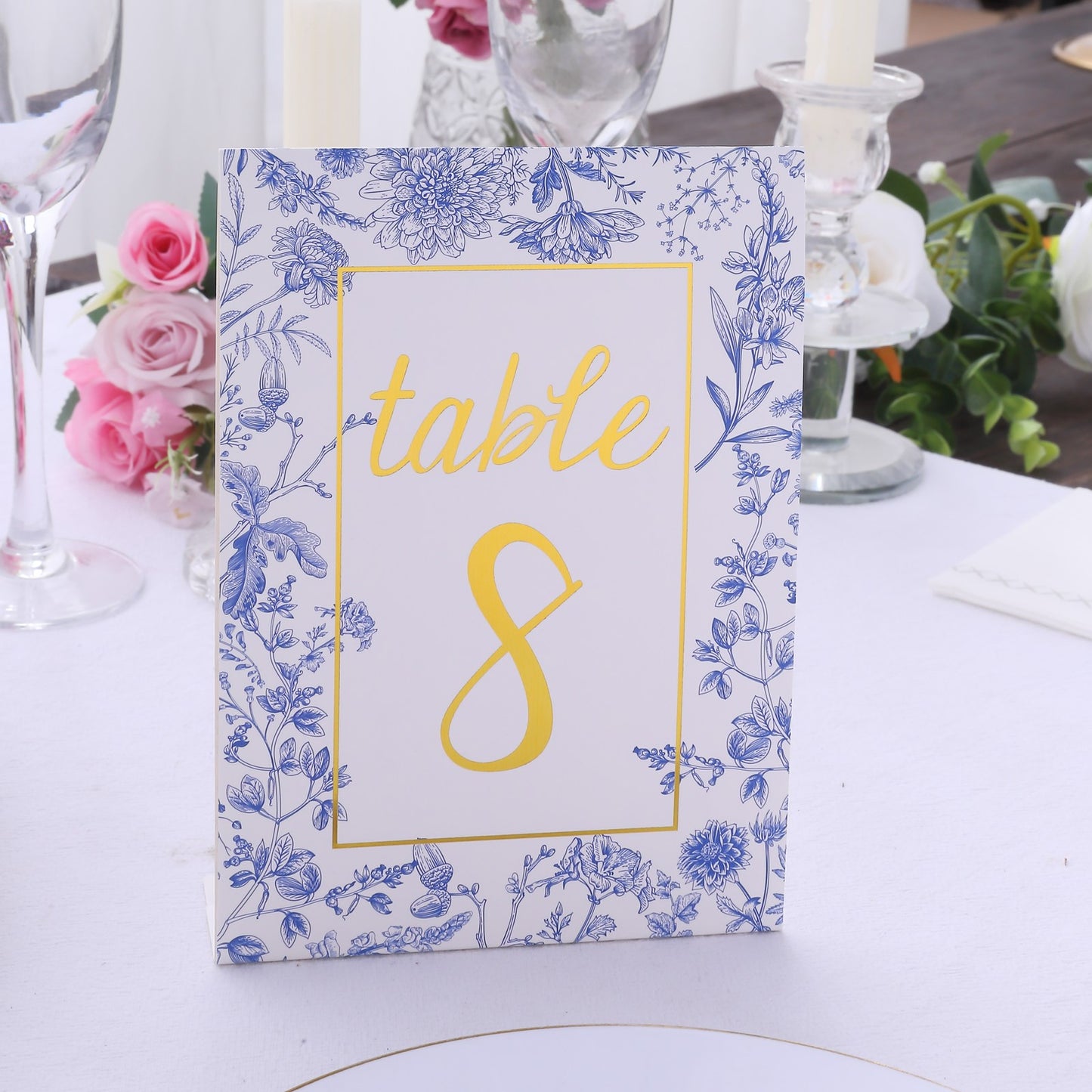 25 Pack White Blue Wedding Table Numbers in French Toile Floral and Gold Foil Numbers Print, 7" Free Standing Double Sided Paper Table Sign Cards 1-25