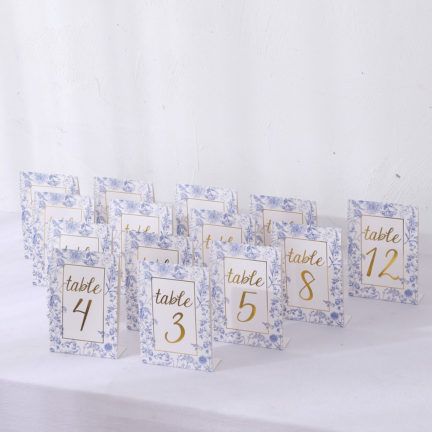 25 Pack White Blue Wedding Table Numbers in French Toile Floral and Gold Foil Numbers Print, 7" Free Standing Double Sided Paper Table Sign Cards 1-25