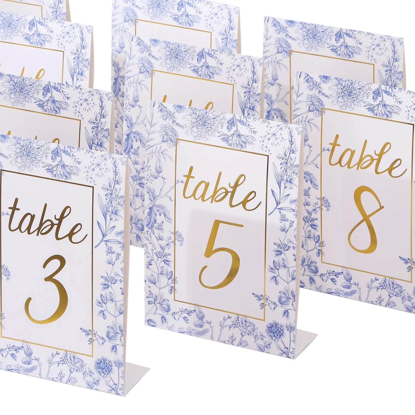 25 Pack White Blue Wedding Table Numbers in French Toile Floral and Gold Foil Numbers Print, 7" Free Standing Double Sided Paper Table Sign Cards 1-25