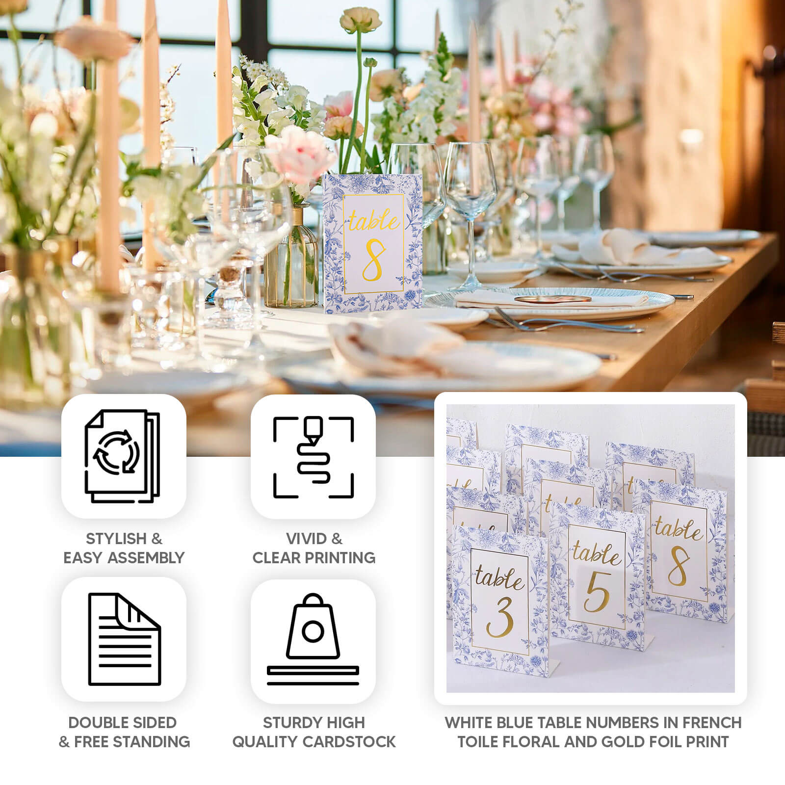 25 Pack White Blue Wedding Table Numbers in French Toile Floral and Gold Foil Numbers Print, 7" Free Standing Double Sided Paper Table Sign Cards 1-25