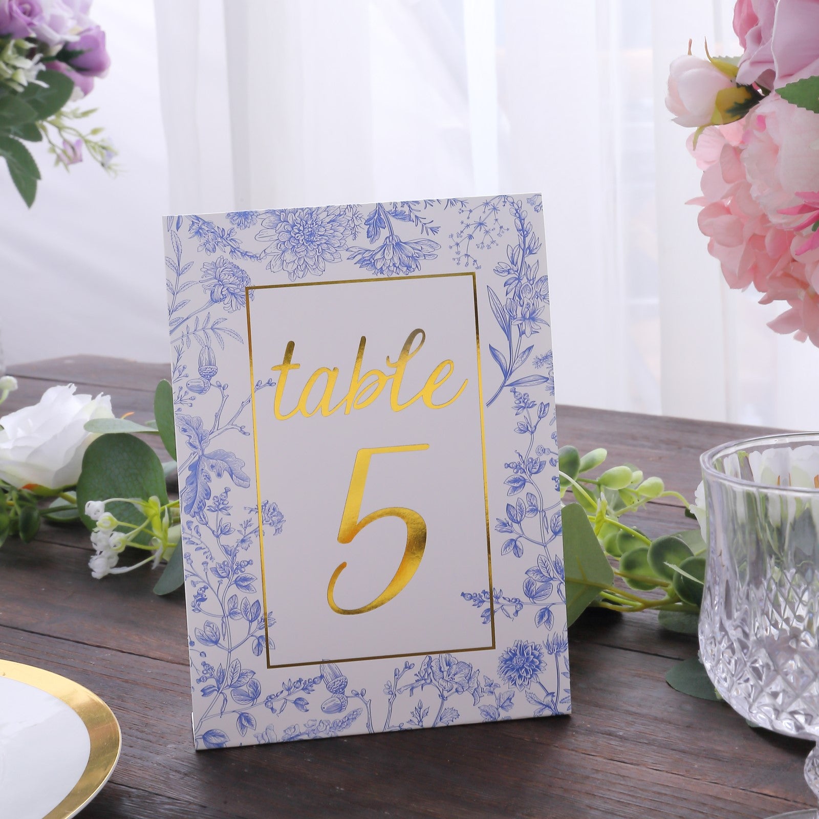 25 Pack White Blue Wedding Table Numbers in French Toile Floral and Gold Foil Numbers Print, 7" Free Standing Double Sided Paper Table Sign Cards 1-25