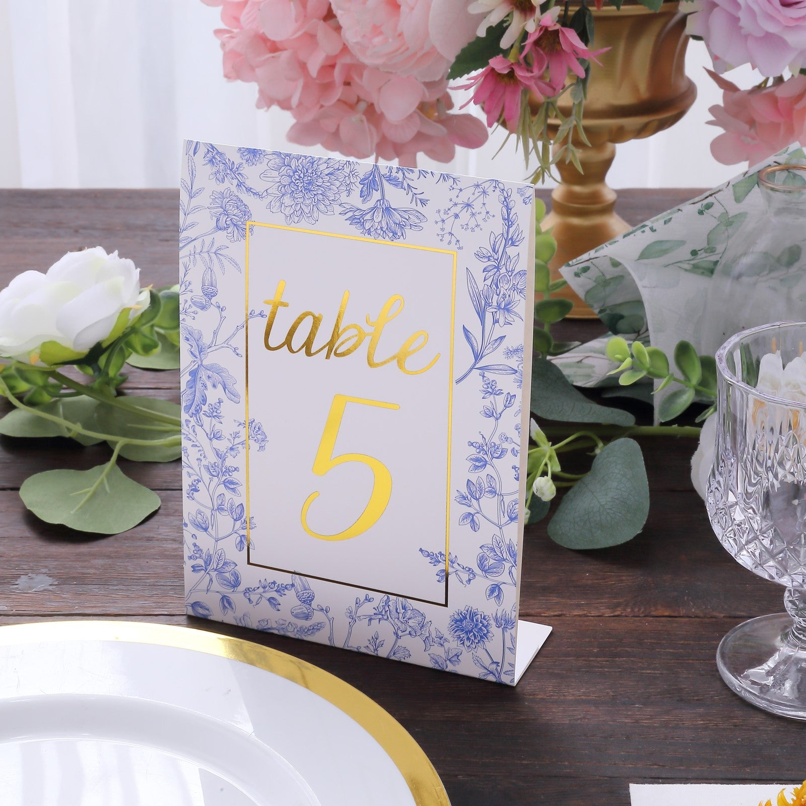 25 Pack White Blue Wedding Table Numbers in French Toile Floral and Gold Foil Numbers Print, 7" Free Standing Double Sided Paper Table Sign Cards 1-25