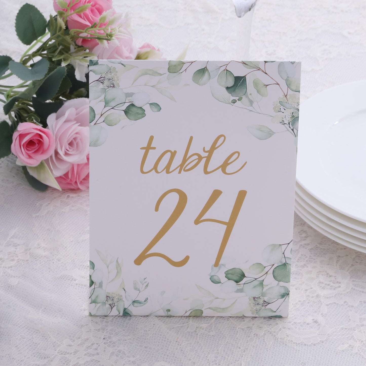 25 Pack White Green Wedding Table Numbers with Eucalyptus Leaves and Gold Foil Numbers Print, 7" Free Standing Double Sided Paper Table Sign Cards 1-25