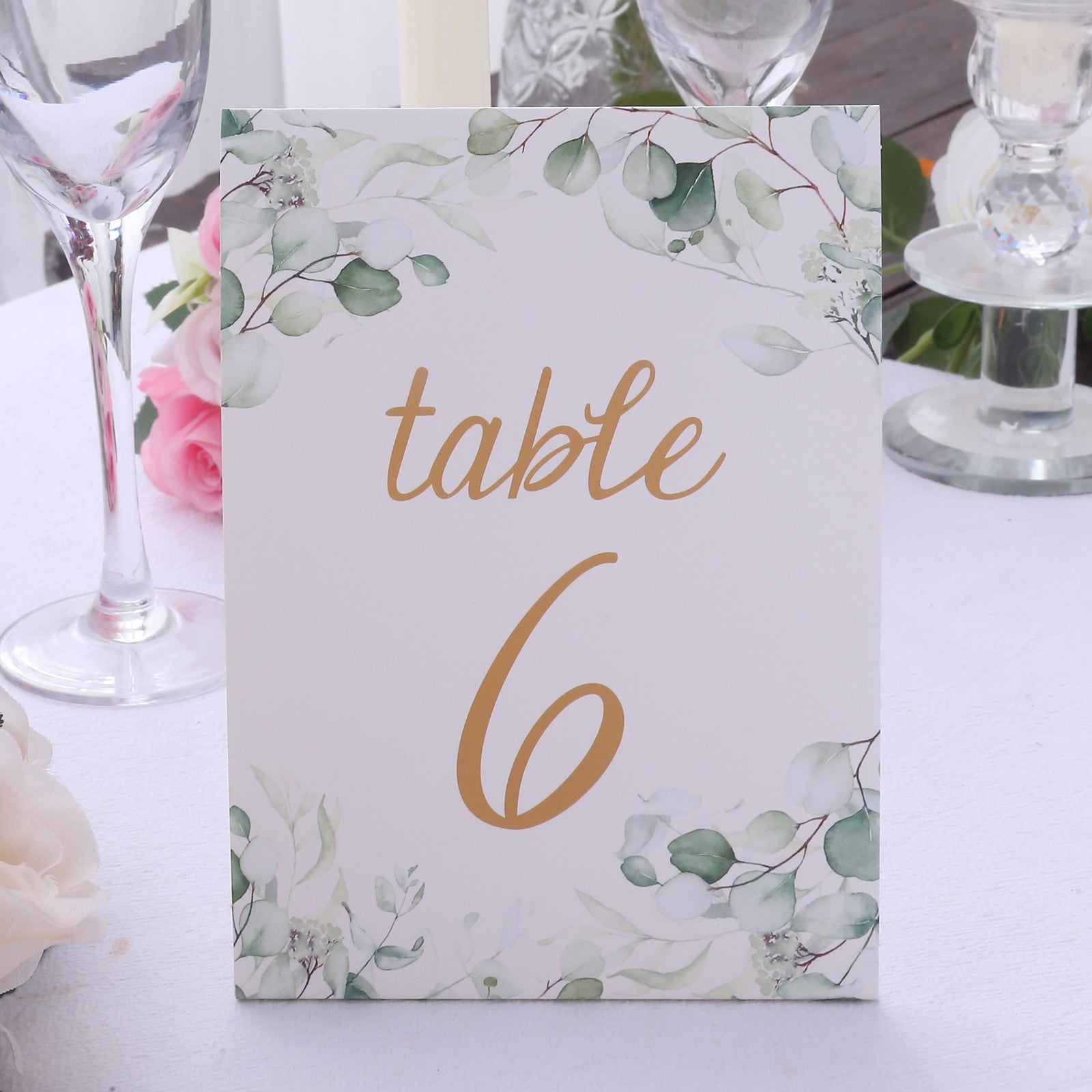 25 Pack White Green Wedding Table Numbers with Eucalyptus Leaves and Gold Foil Numbers Print, 7" Free Standing Double Sided Paper Table Sign Cards 1-25