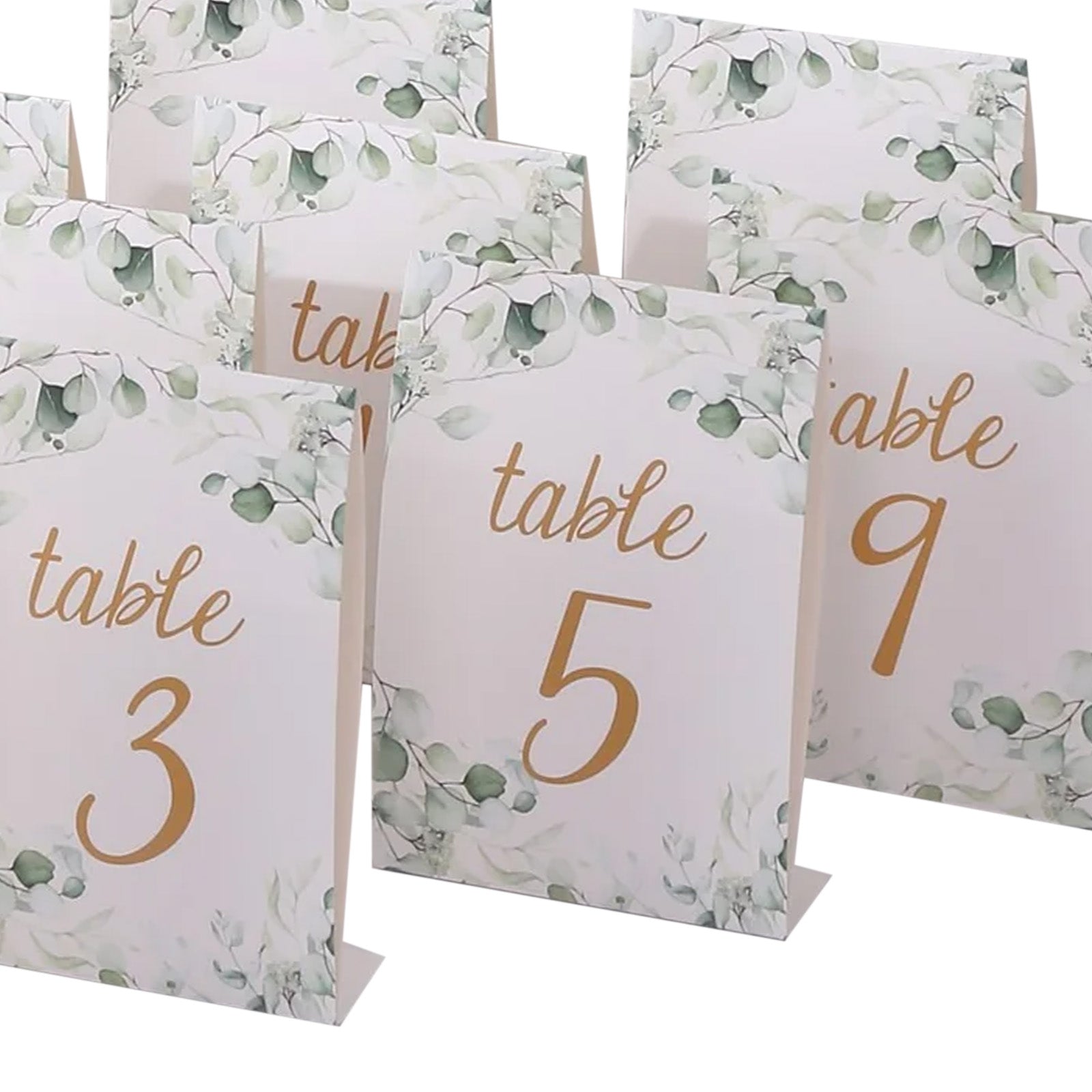 25 Pack White Green Wedding Table Numbers with Eucalyptus Leaves and Gold Foil Numbers Print, 7" Free Standing Double Sided Paper Table Sign Cards 1-25