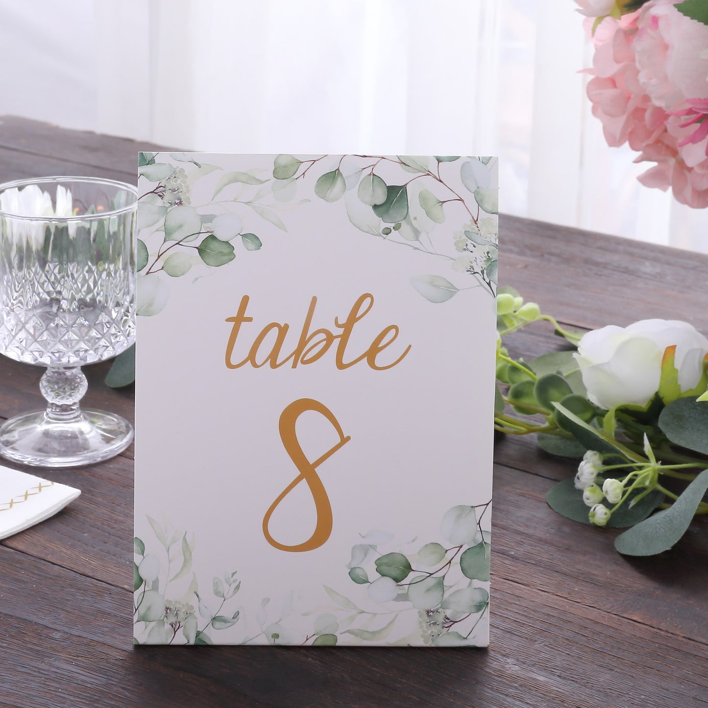 25 Pack White Green Wedding Table Numbers with Eucalyptus Leaves and Gold Foil Numbers Print, 7" Free Standing Double Sided Paper Table Sign Cards 1-25