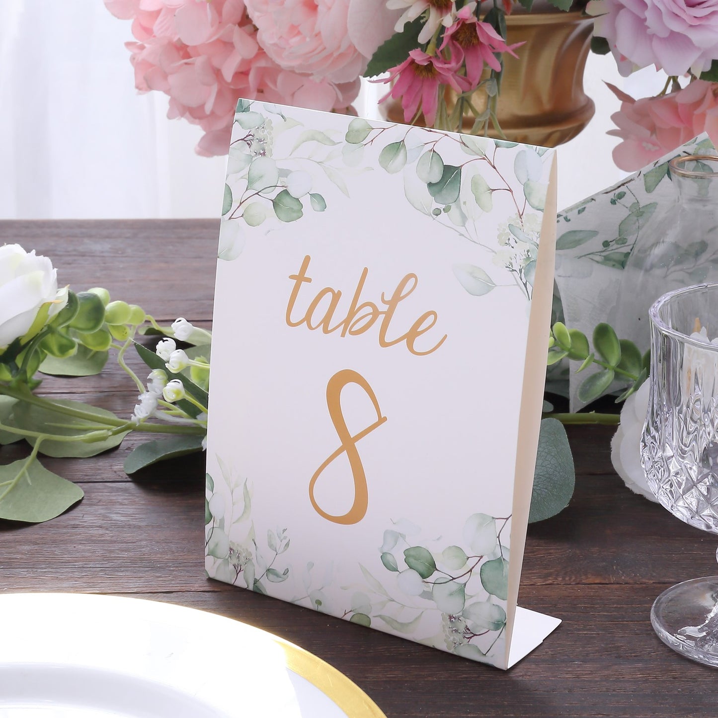 25 Pack White Green Wedding Table Numbers with Eucalyptus Leaves and Gold Foil Numbers Print, 7" Free Standing Double Sided Paper Table Sign Cards 1-25