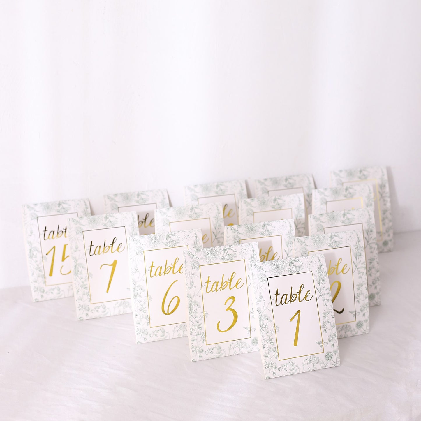 25 Pack White Sage Green Wedding Table Numbers in French Toile Floral and Gold Foil Numbers Print, 7" Free Standing Double Sided Paper Table Sign Cards 1-25