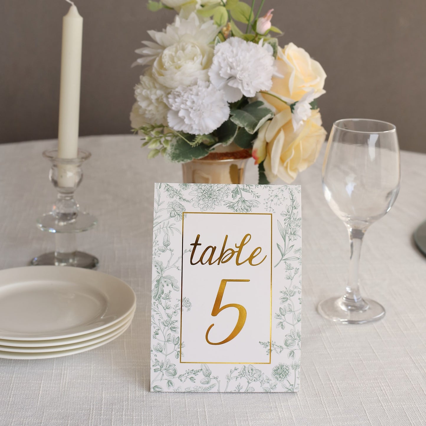 25 Pack White Sage Green Wedding Table Numbers in French Toile Floral and Gold Foil Numbers Print, 7" Free Standing Double Sided Paper Table Sign Cards 1-25