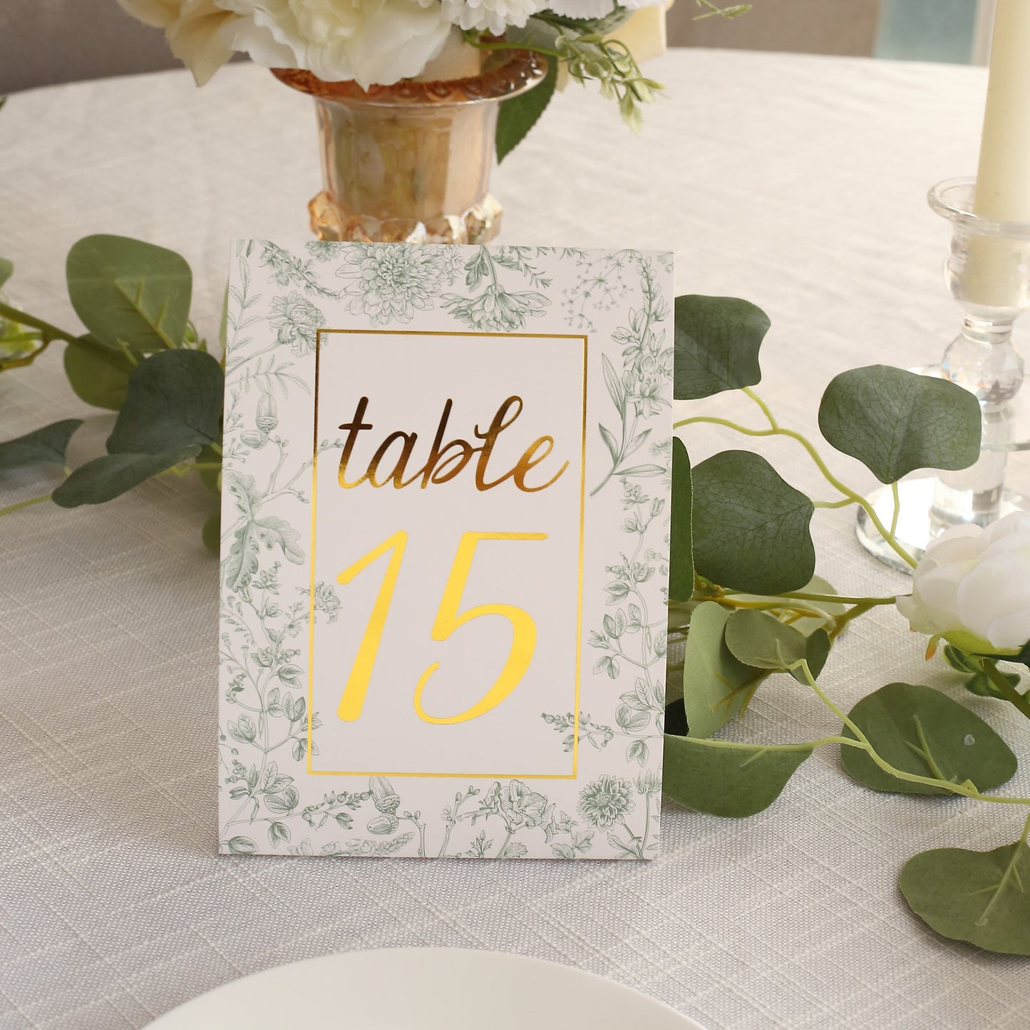 25 Pack White Sage Green Wedding Table Numbers in French Toile Floral and Gold Foil Numbers Print, 7" Free Standing Double Sided Paper Table Sign Cards 1-25