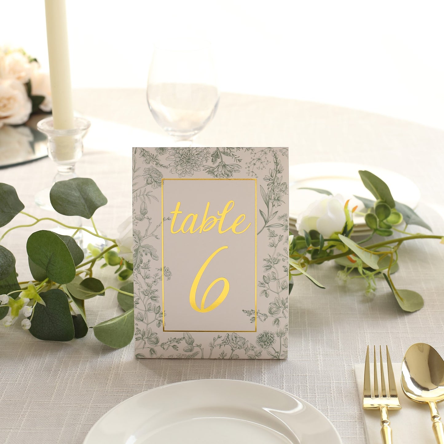 25 Pack White Sage Green Wedding Table Numbers in French Toile Floral and Gold Foil Numbers Print, 7" Free Standing Double Sided Paper Table Sign Cards 1-25