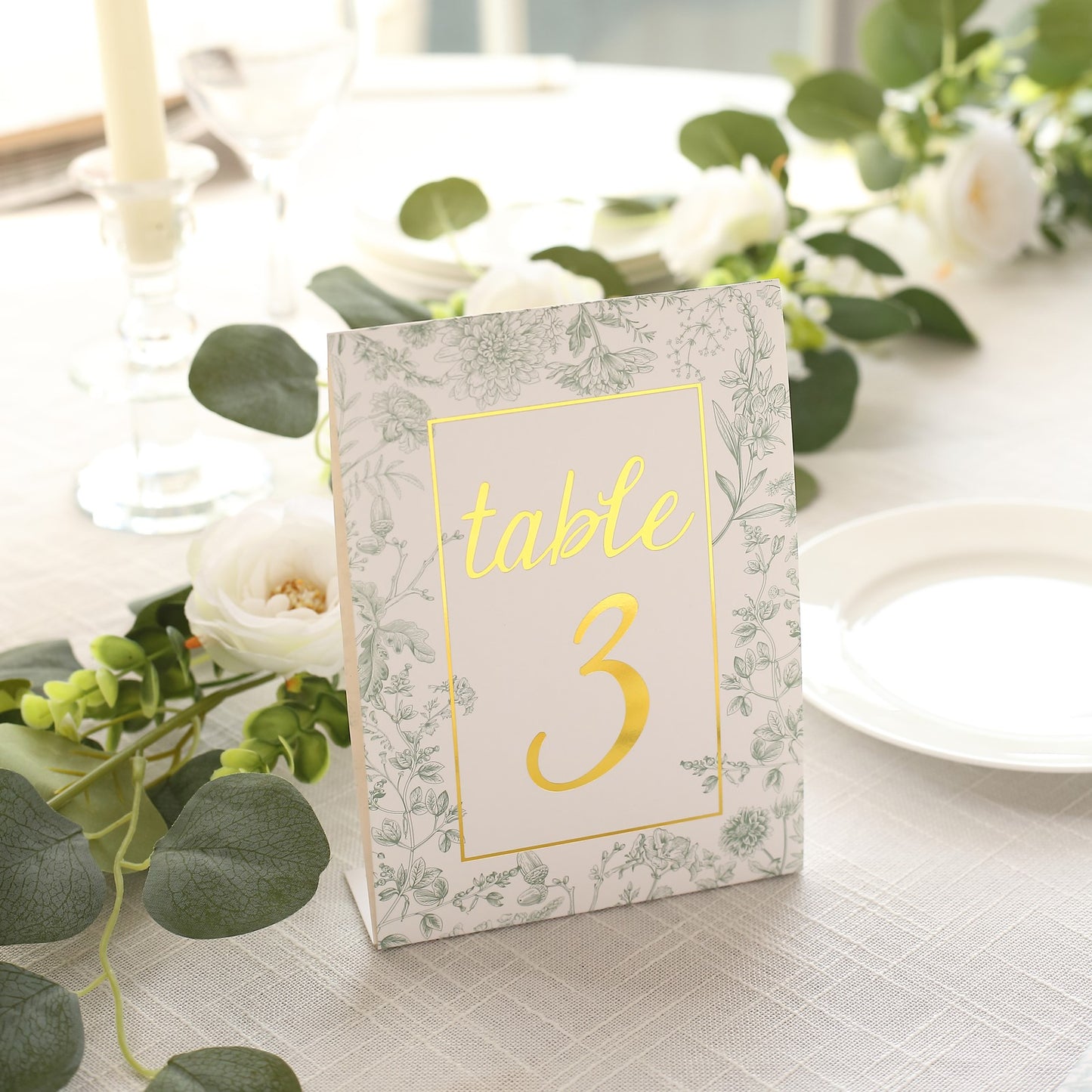 25 Pack White Sage Green Wedding Table Numbers in French Toile Floral and Gold Foil Numbers Print, 7" Free Standing Double Sided Paper Table Sign Cards 1-25