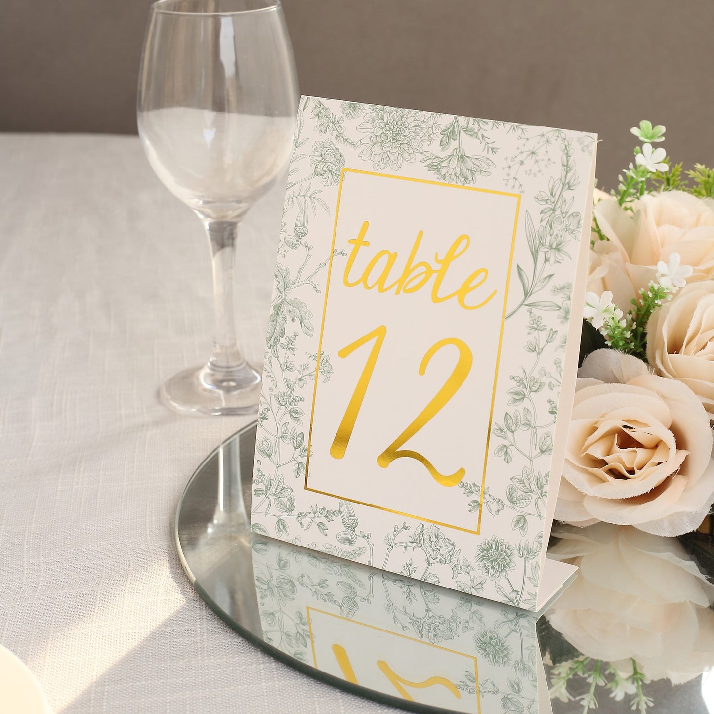 25 Pack White Sage Green Wedding Table Numbers in French Toile Floral and Gold Foil Numbers Print, 7" Free Standing Double Sided Paper Table Sign Cards 1-25