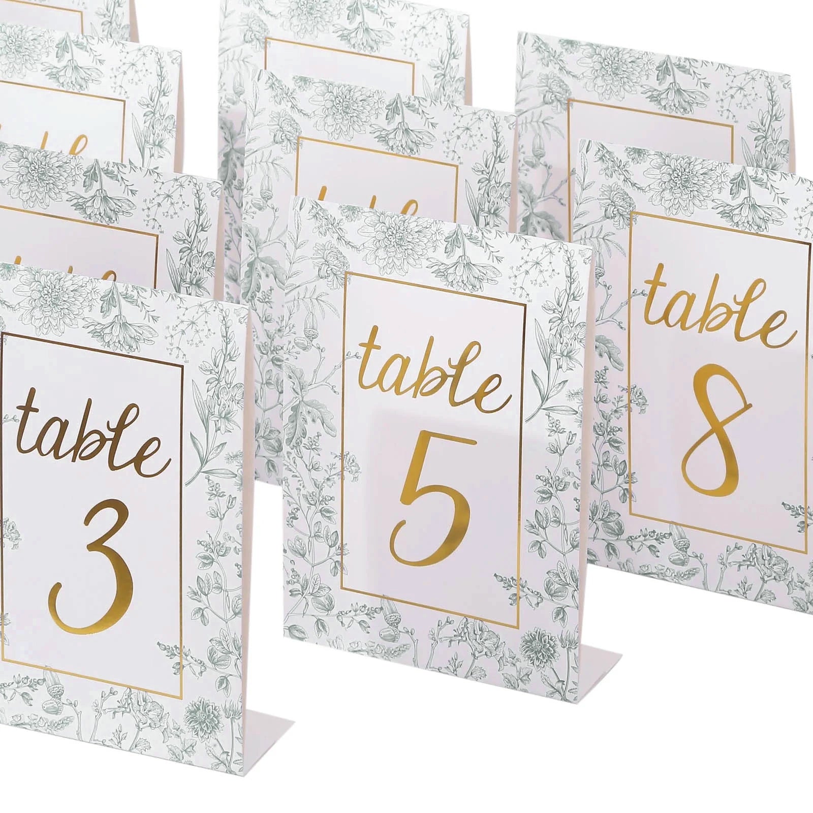 25 Pack White Sage Green Wedding Table Numbers in French Toile Floral and Gold Foil Numbers Print, 7" Free Standing Double Sided Paper Table Sign Cards 1-25