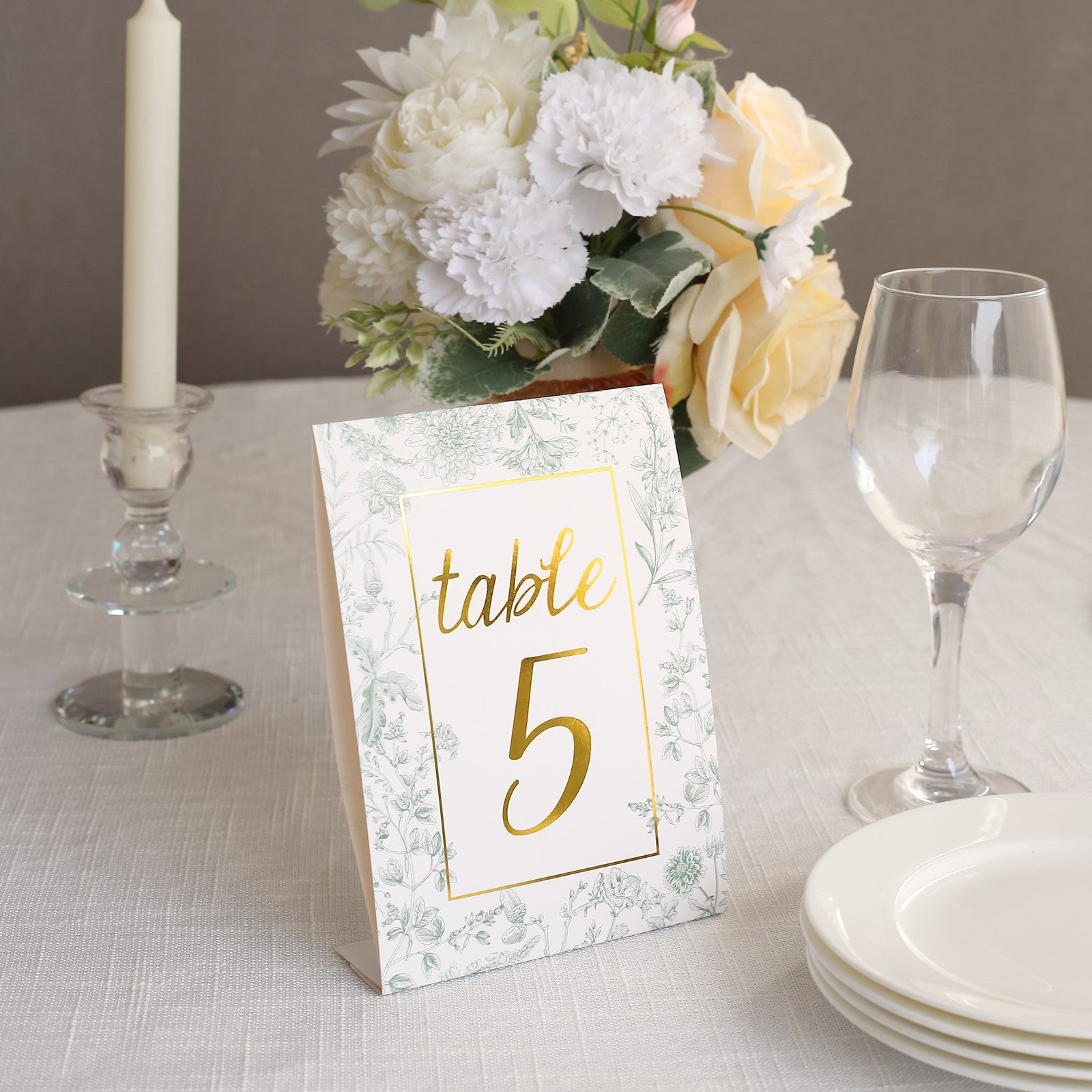 25 Pack White Sage Green Wedding Table Numbers in French Toile Floral and Gold Foil Numbers Print, 7" Free Standing Double Sided Paper Table Sign Cards 1-25