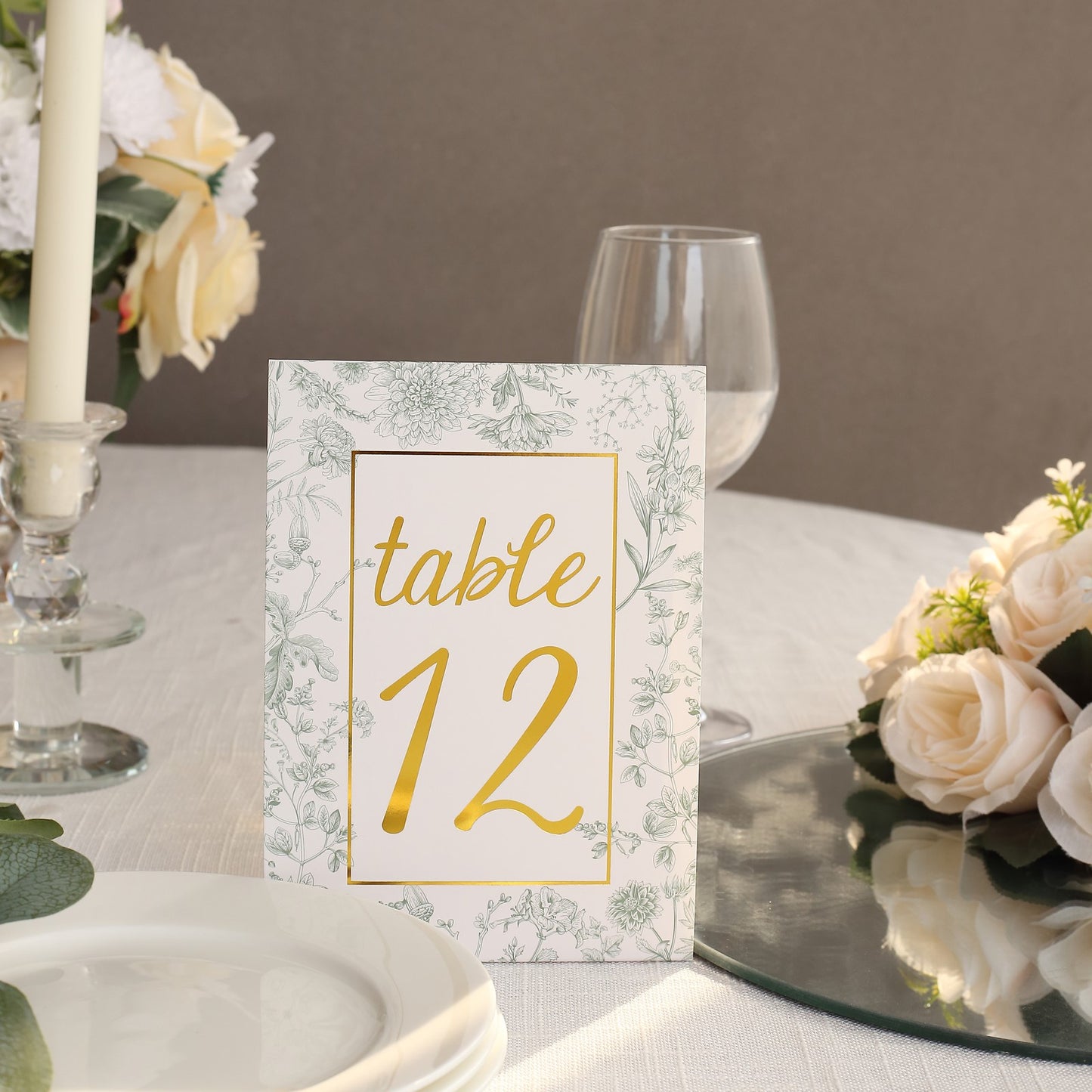 25 Pack White Sage Green Wedding Table Numbers in French Toile Floral and Gold Foil Numbers Print, 7" Free Standing Double Sided Paper Table Sign Cards 1-25