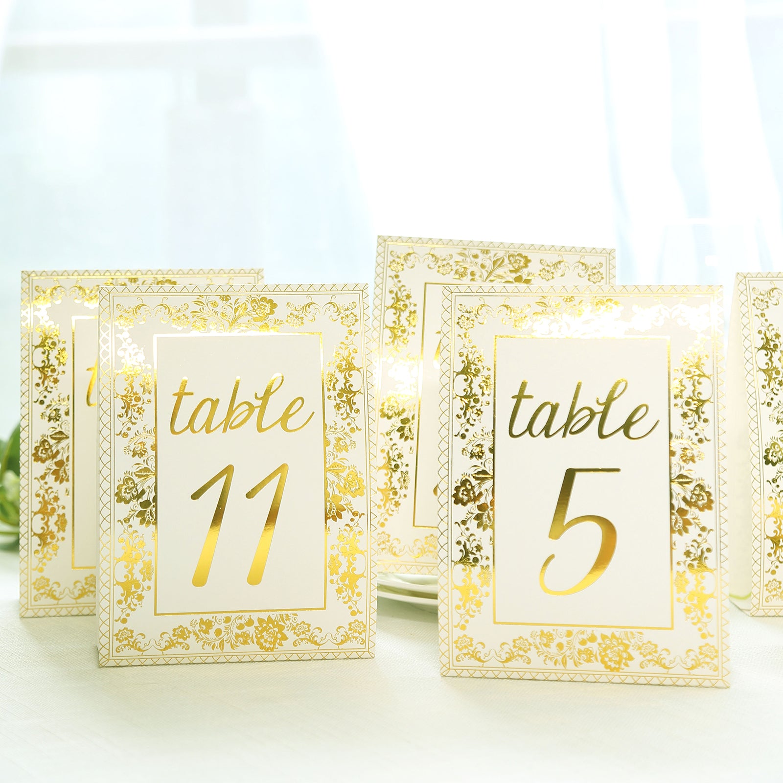 25 Pack White Metallic Gold Wedding Table Numbers With French Toile Floral and Foil Numbers Print, 7" Free Standing Double Sided Paper Table Sign Cards 1-25