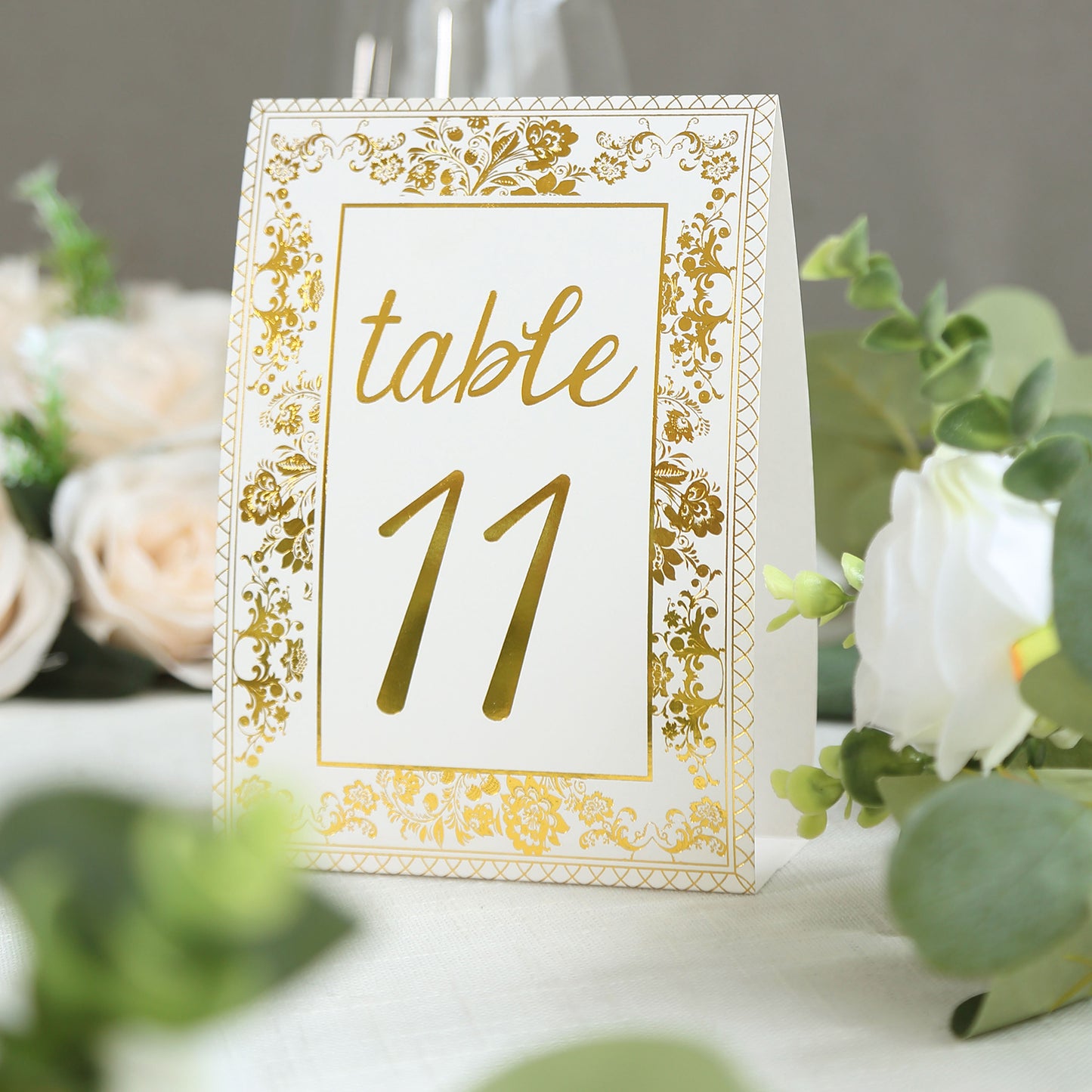 25 Pack White Metallic Gold Wedding Table Numbers With French Toile Floral and Foil Numbers Print, 7" Free Standing Double Sided Paper Table Sign Cards 1-25
