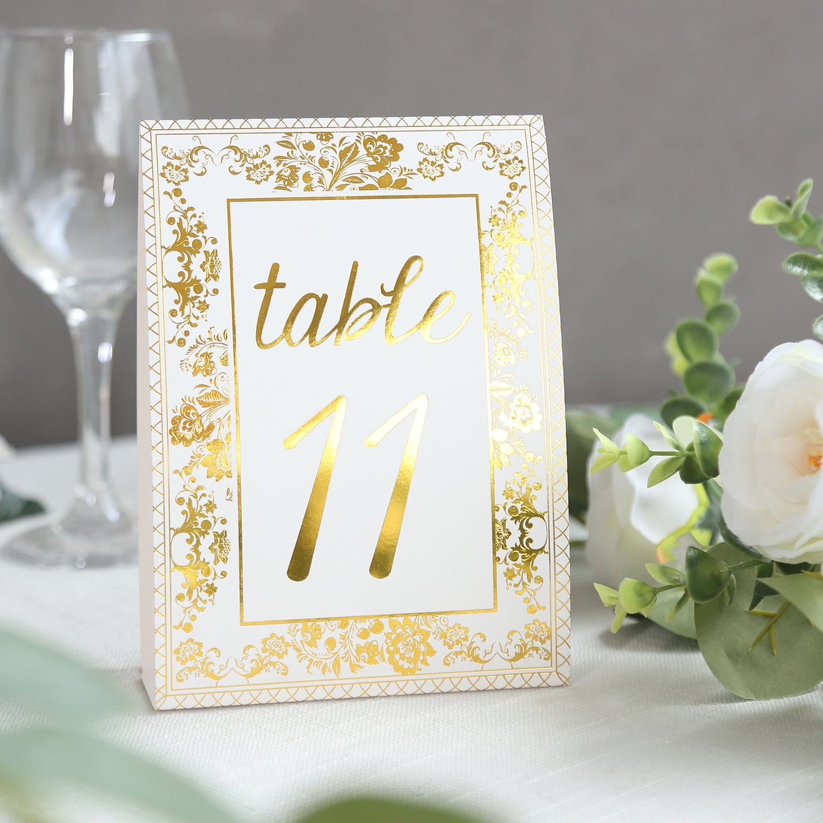 25 Pack White Metallic Gold Wedding Table Numbers With French Toile Floral and Foil Numbers Print, 7" Free Standing Double Sided Paper Table Sign Cards 1-25