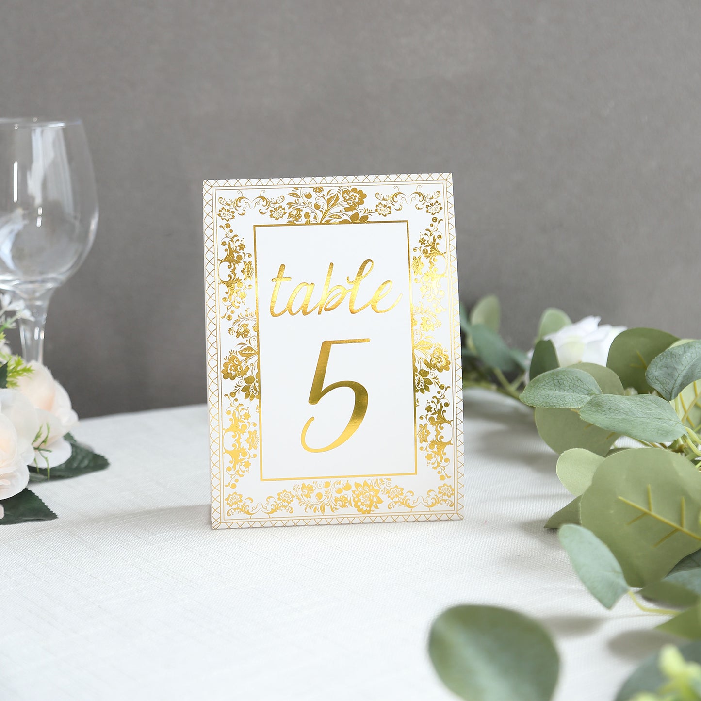 25 Pack White Metallic Gold Wedding Table Numbers With French Toile Floral and Foil Numbers Print, 7" Free Standing Double Sided Paper Table Sign Cards 1-25