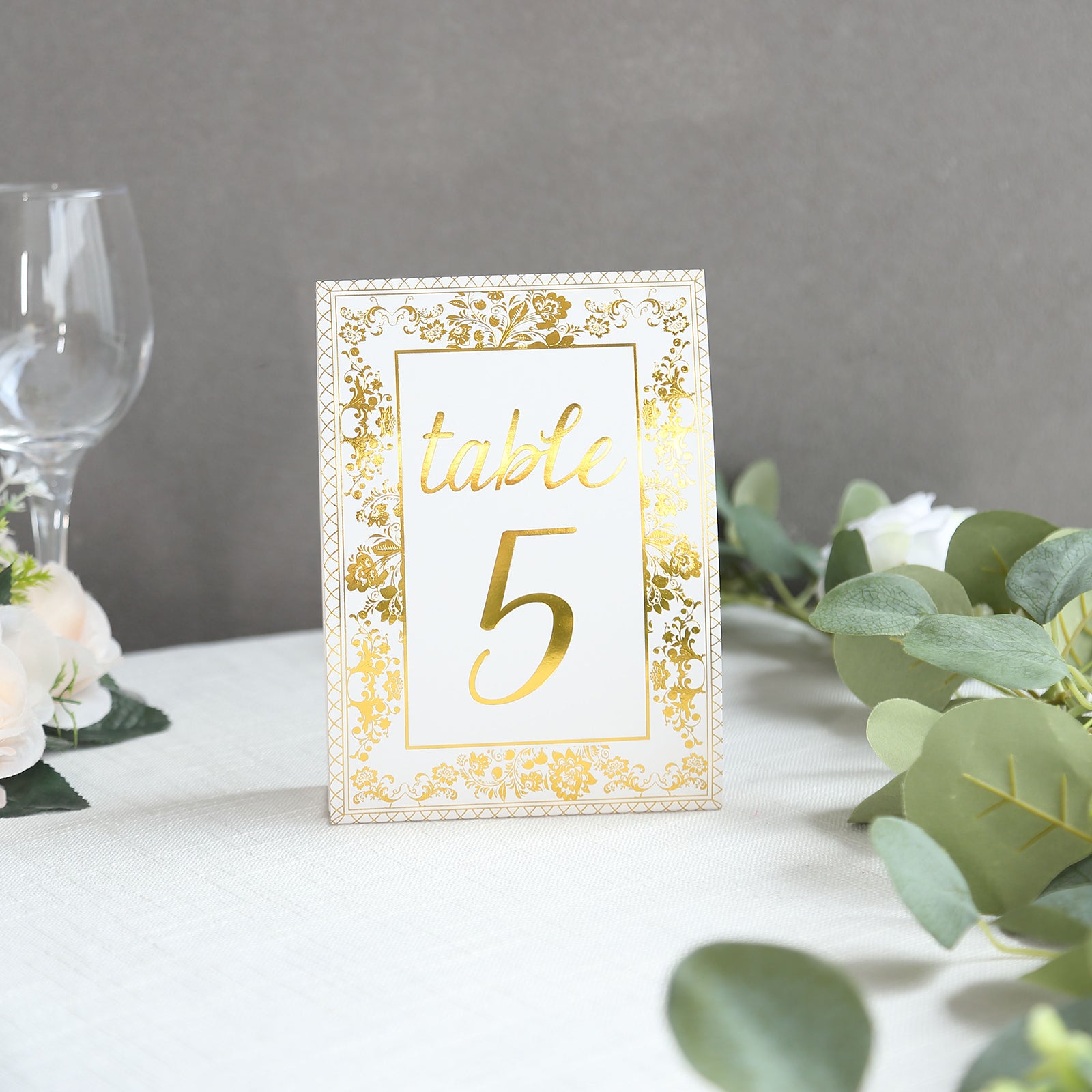 25 Pack White Metallic Gold Wedding Table Numbers With French Toile Floral and Foil Numbers Print, 7" Free Standing Double Sided Paper Table Sign Cards 1-25