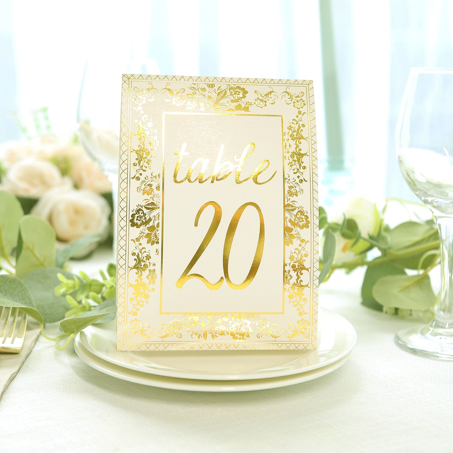 25 Pack White Metallic Gold Wedding Table Numbers With French Toile Floral and Foil Numbers Print, 7" Free Standing Double Sided Paper Table Sign Cards 1-25