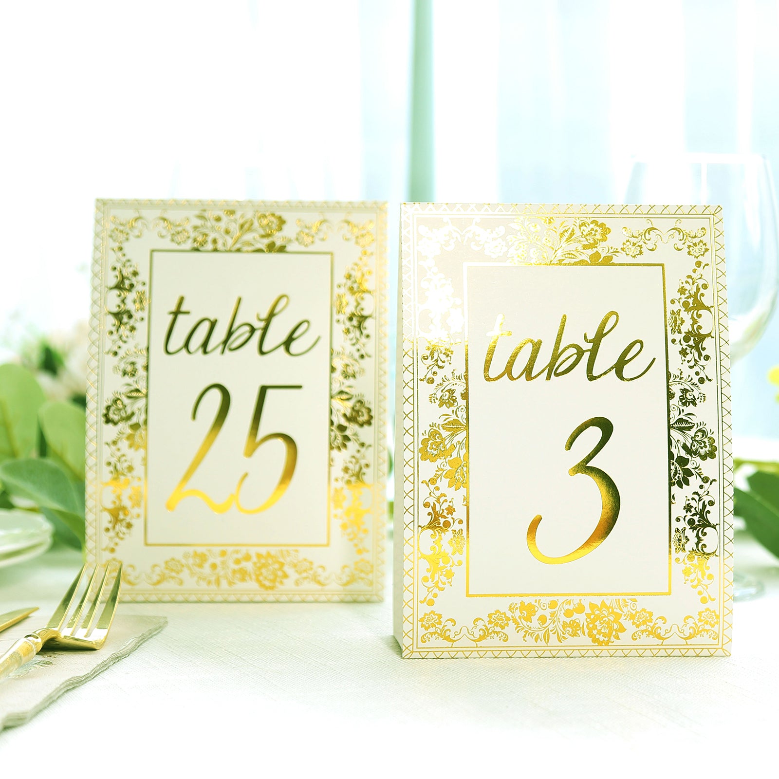 25 Pack White Metallic Gold Wedding Table Numbers With French Toile Floral and Foil Numbers Print, 7" Free Standing Double Sided Paper Table Sign Cards 1-25