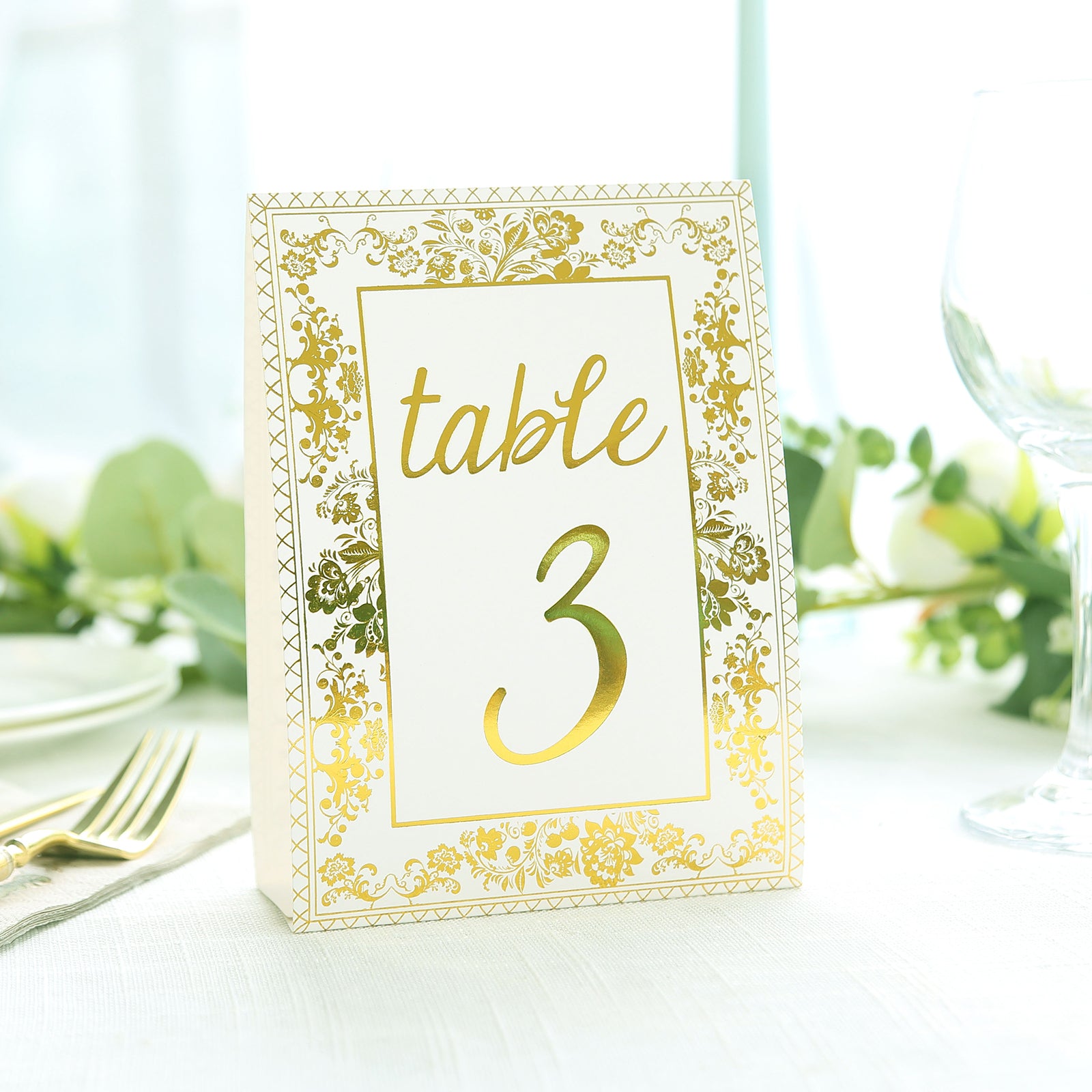 25 Pack White Metallic Gold Wedding Table Numbers With French Toile Floral and Foil Numbers Print, 7" Free Standing Double Sided Paper Table Sign Cards 1-25