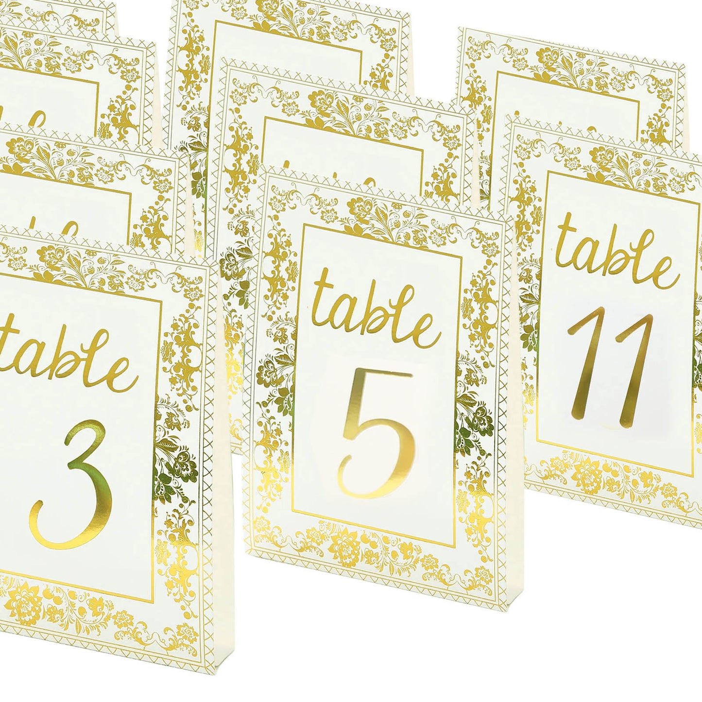 25 Pack White Metallic Gold Wedding Table Numbers With French Toile Floral and Foil Numbers Print, 7" Free Standing Double Sided Paper Table Sign Cards 1-25