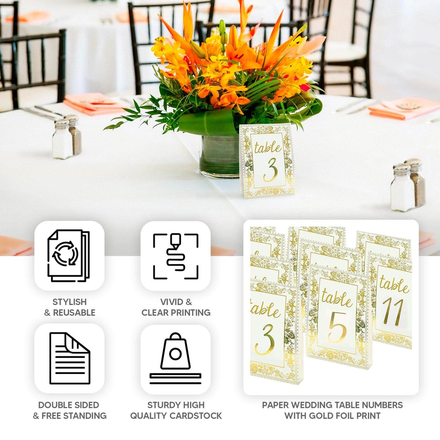 25 Pack White Metallic Gold Wedding Table Numbers With French Toile Floral and Foil Numbers Print, 7" Free Standing Double Sided Paper Table Sign Cards 1-25